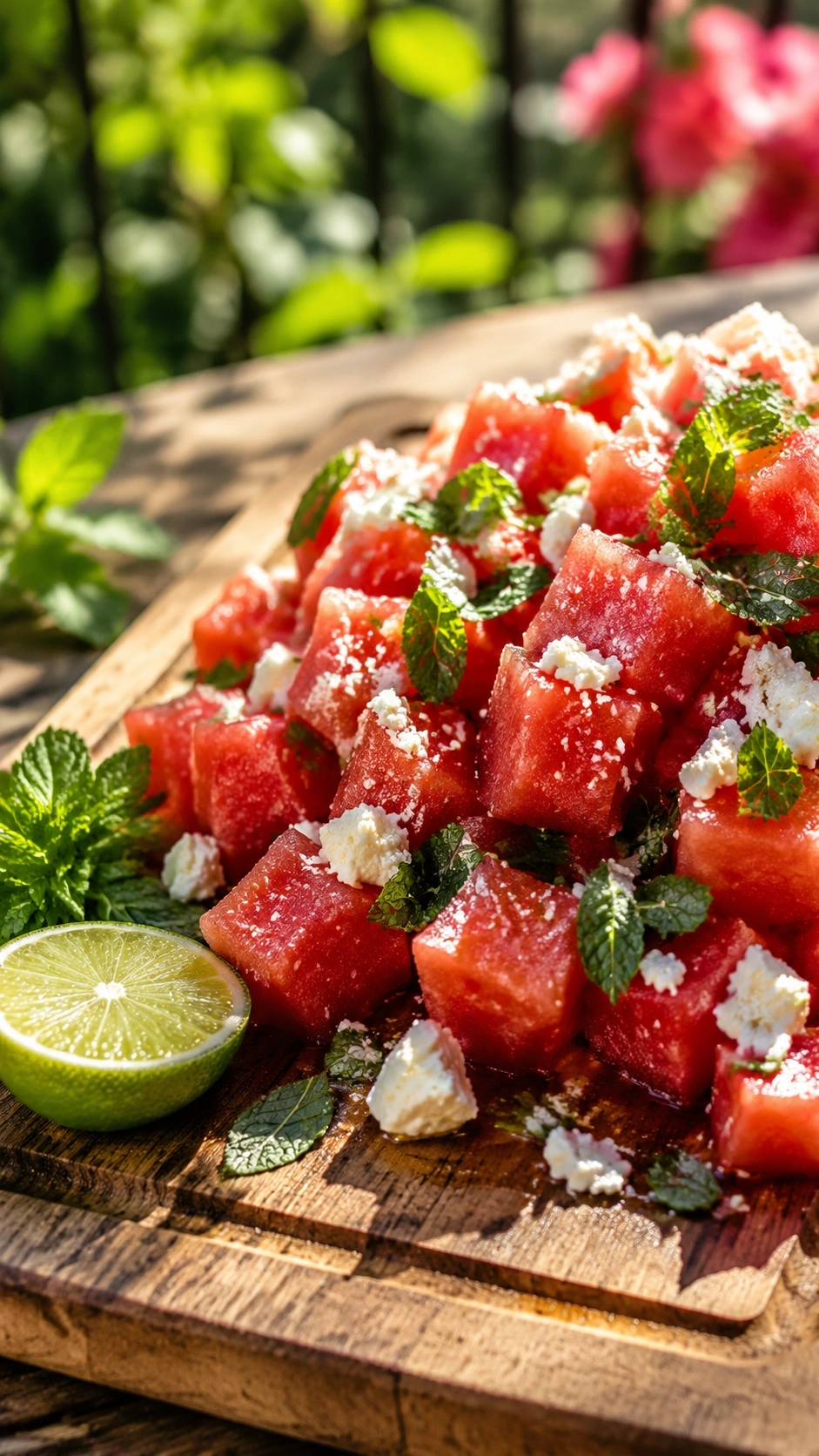 Refreshing watermelon salad with cubed fruit, crumbled feta cheese, and fresh mint on a wooden cutting board.