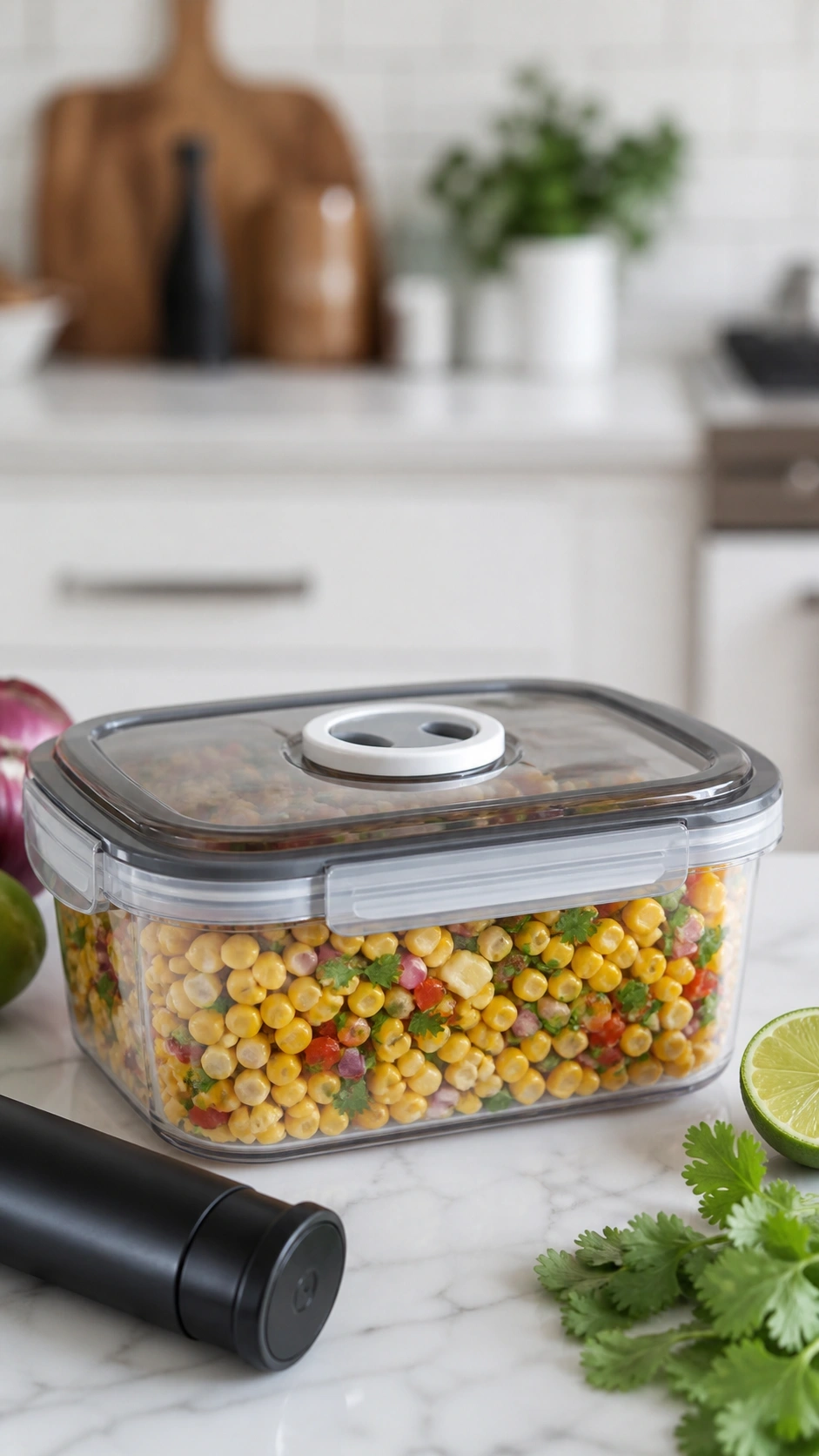 Remaining corn salad stored in a vacuum-sealed food container with a handheld pump on a marble countertop.