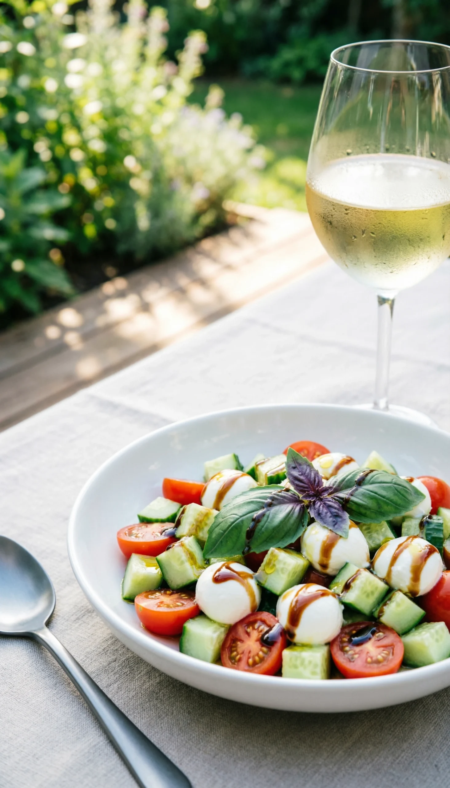 Rich balsamic glaze drizzled from a glass cruet over fresh tomatoes and cucumbers on a natural stone surface at sunset.