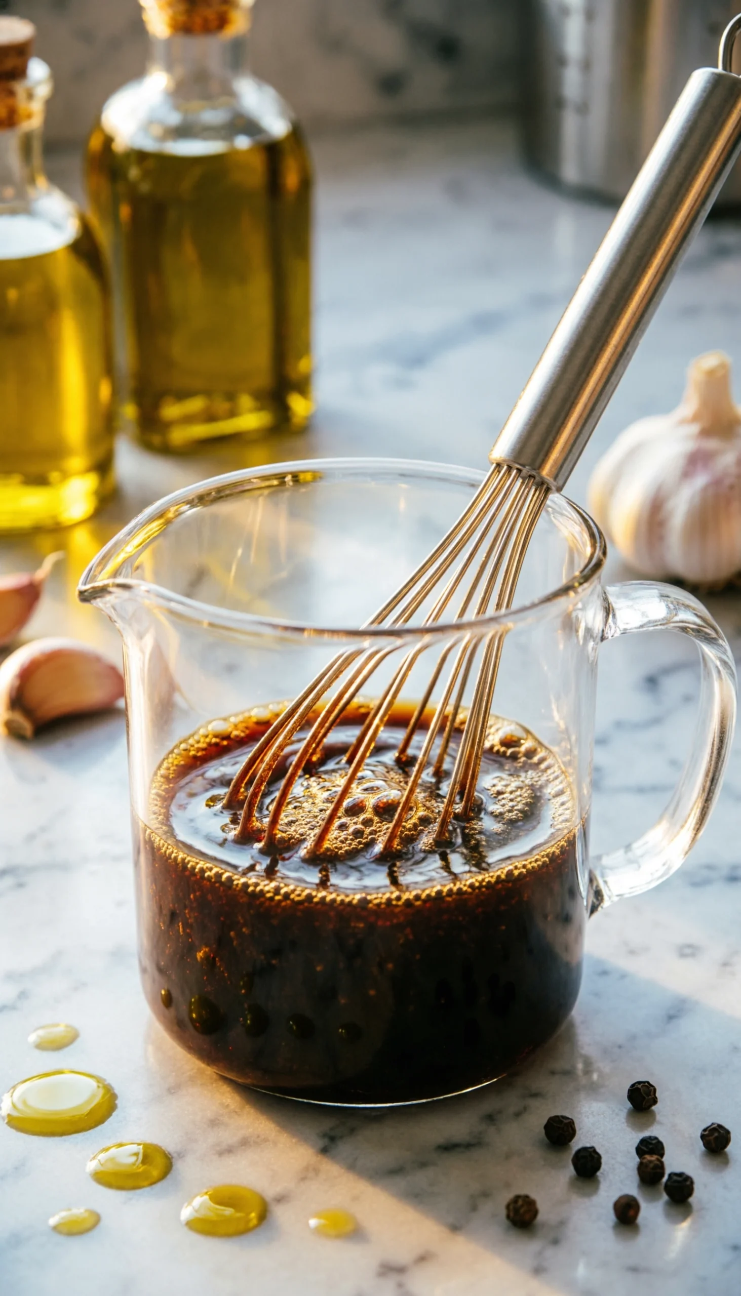 Rich balsamic vinaigrette dressing, perfectly emulsified, in a glass pitcher with a whisk on a marble countertop.