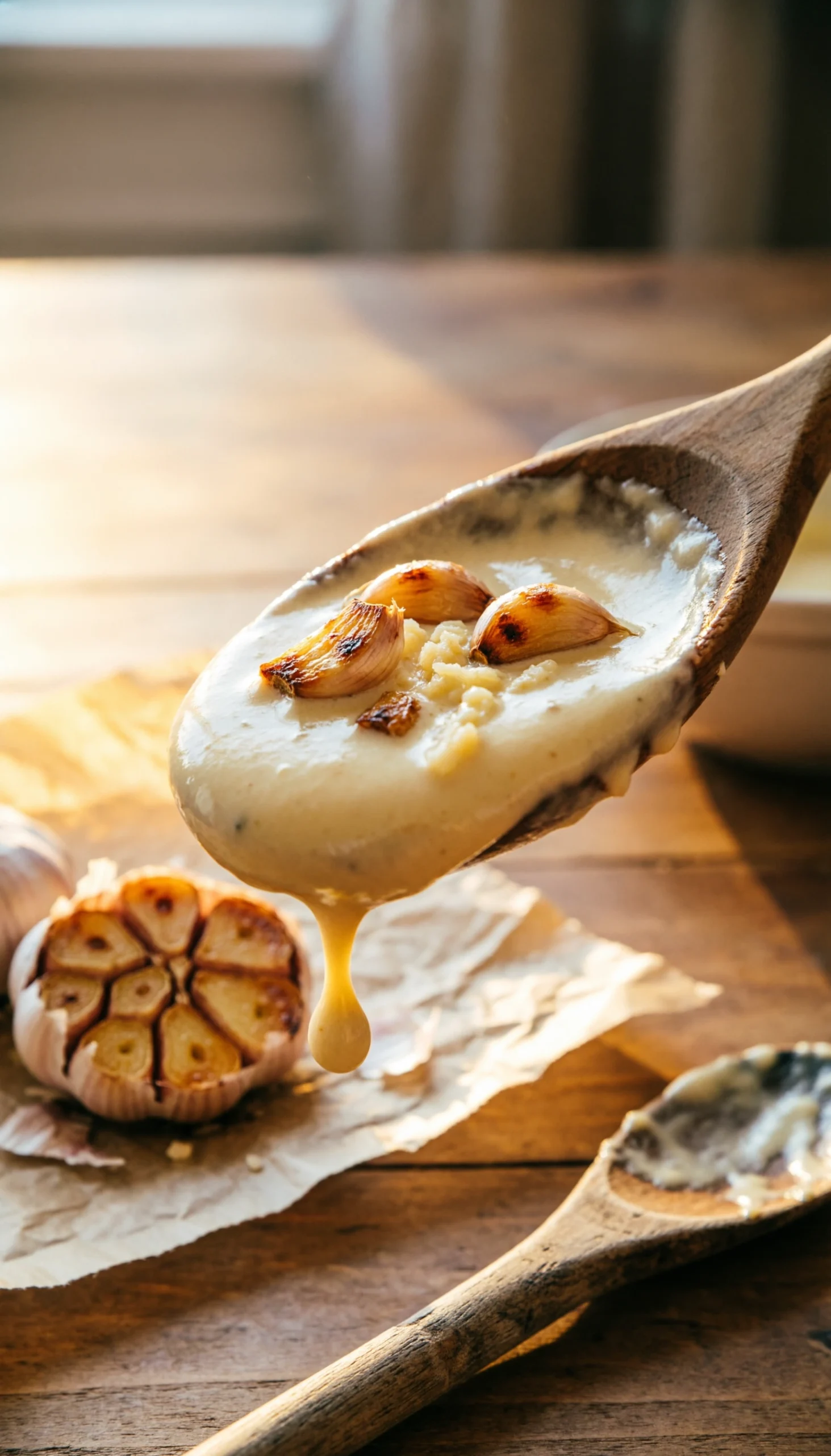 Rich garlic parmesan Alfredo sauce simmering with roasted garlic cloves in a rustic skillet on a wooden table.