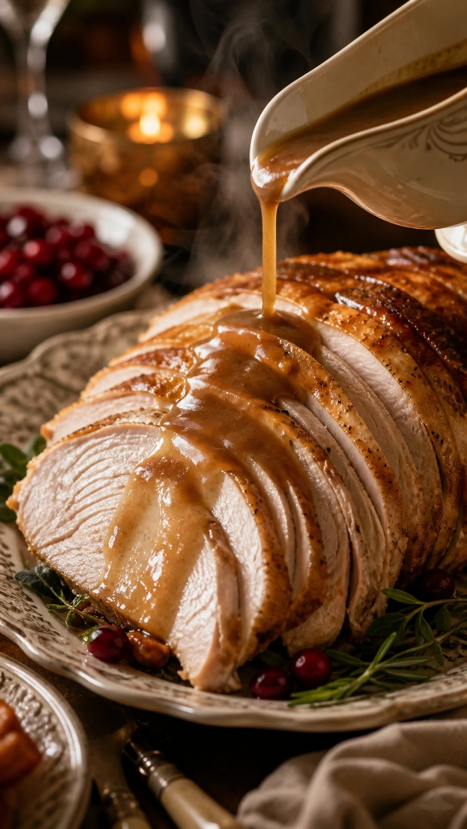 Rich herb gravy pouring over sliced roasted turkey breast on a decorative ceramic platter for a holiday feast.