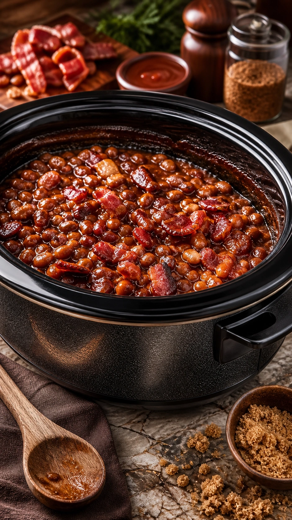 Rich slow-cooker baked beans topped with crispy smoked bacon in a modern insert on a marble countertop for a BBQ.