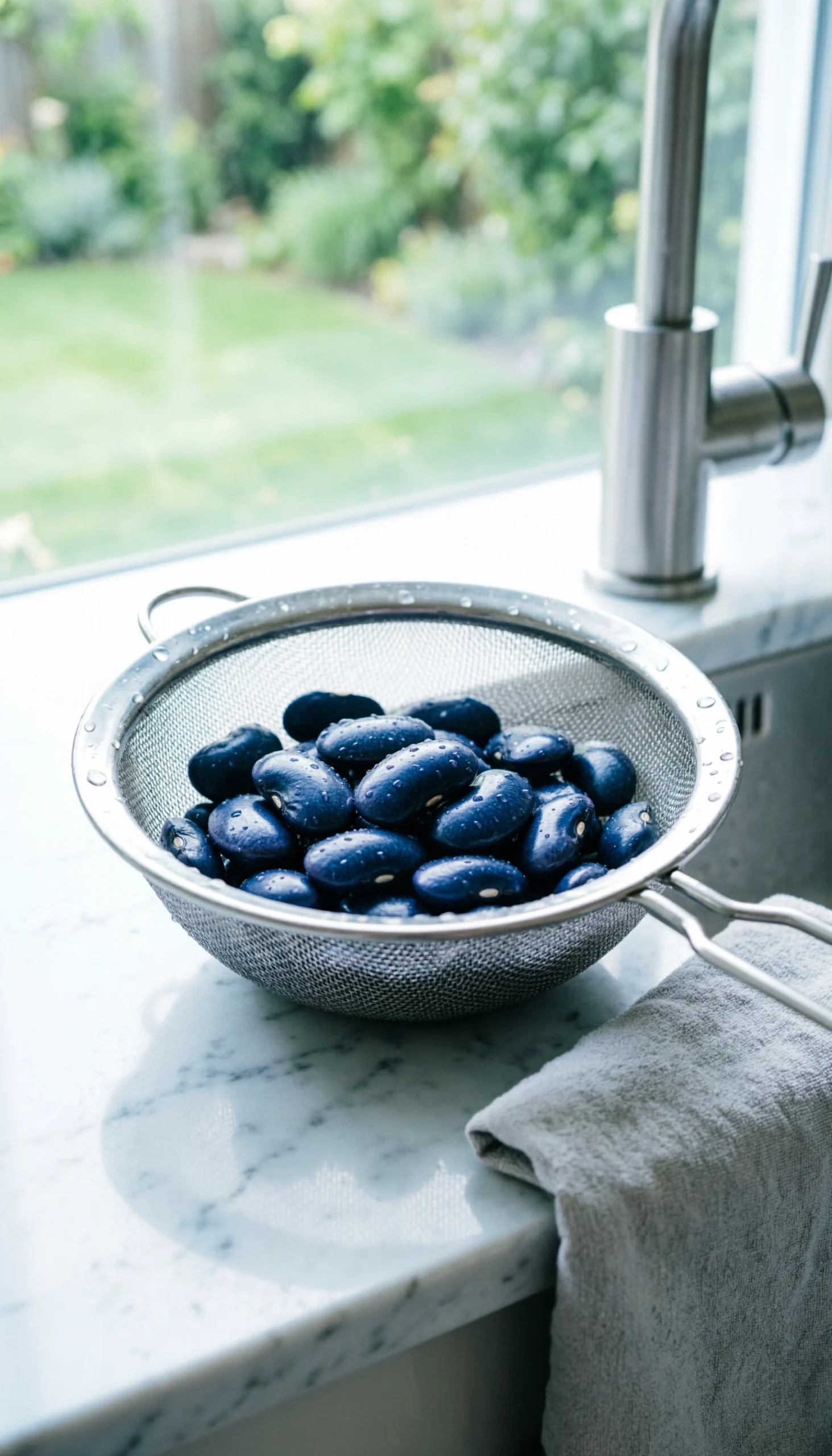 Rinsed navy beans glistening with water in a stainless steel mesh strainer over a clean ceramic sink in a bright kitchen.
