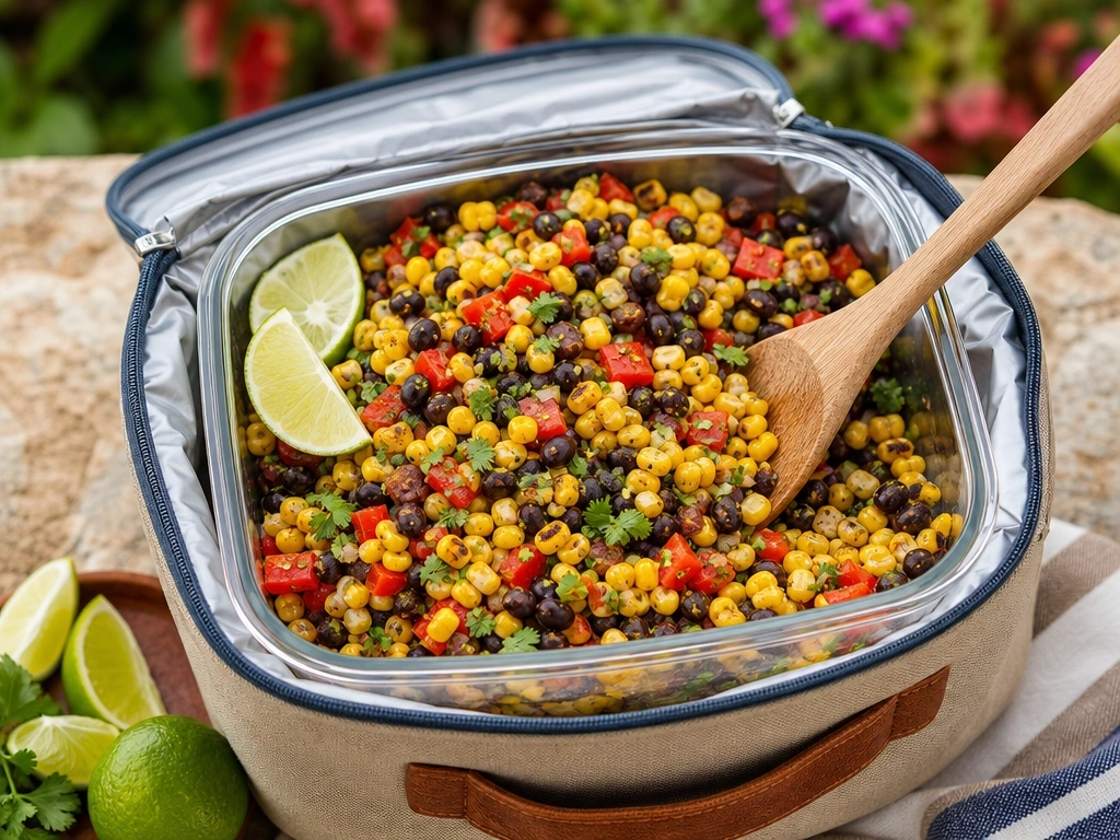 Roasted corn and black bean salad with red bell peppers and lime in a food storage container on a stone surface.
