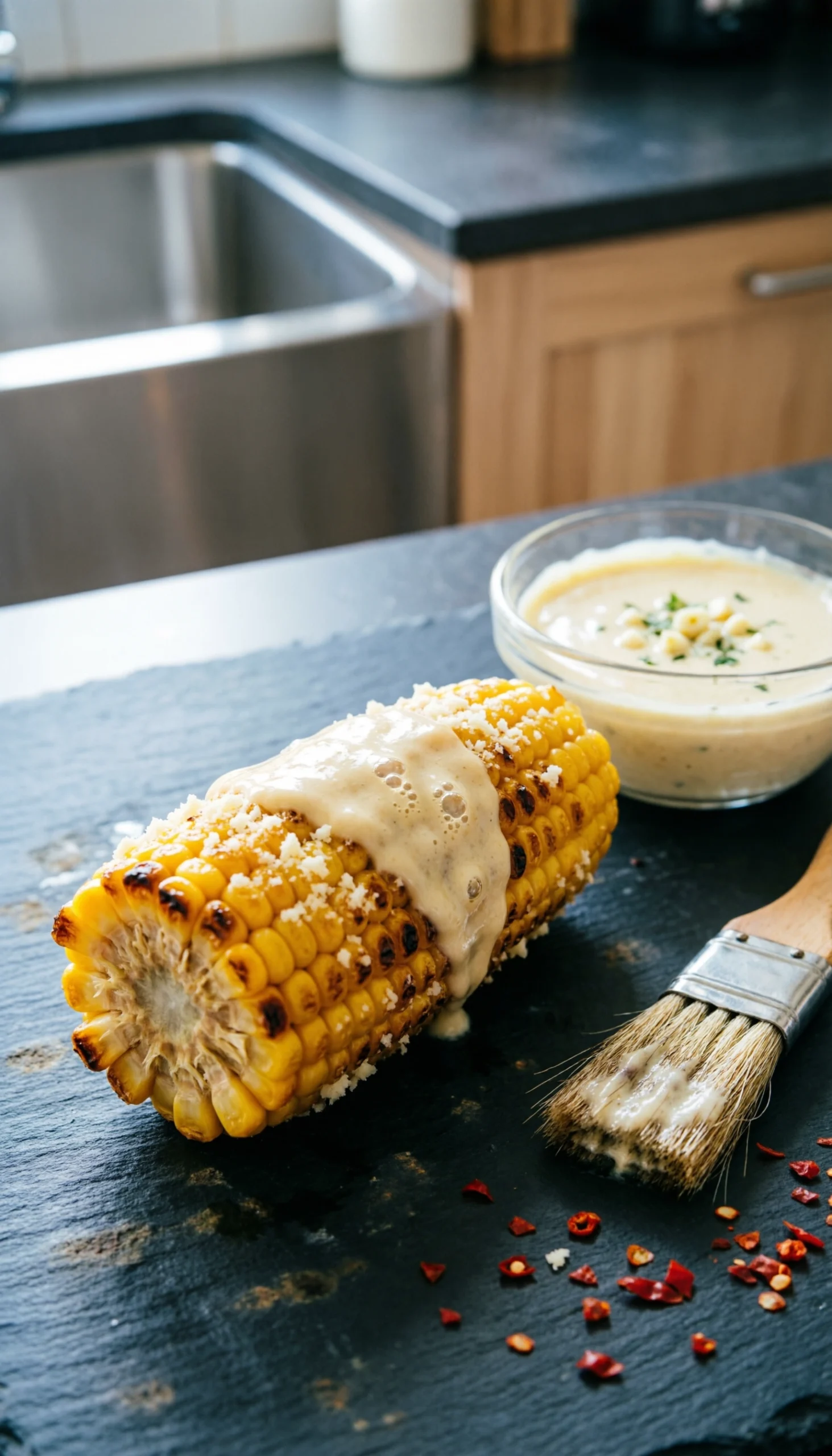 Roasted corn halves slathered in creamy garlic parmesan wing sauce with cheese crumbles on a dark slate surface.