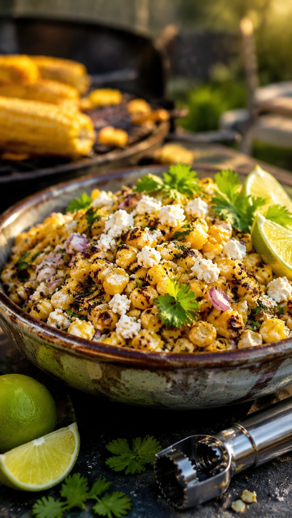 Roasted corn salad with charred kernels, cotija cheese, and cilantro in a rustic bowl on a slate surface.