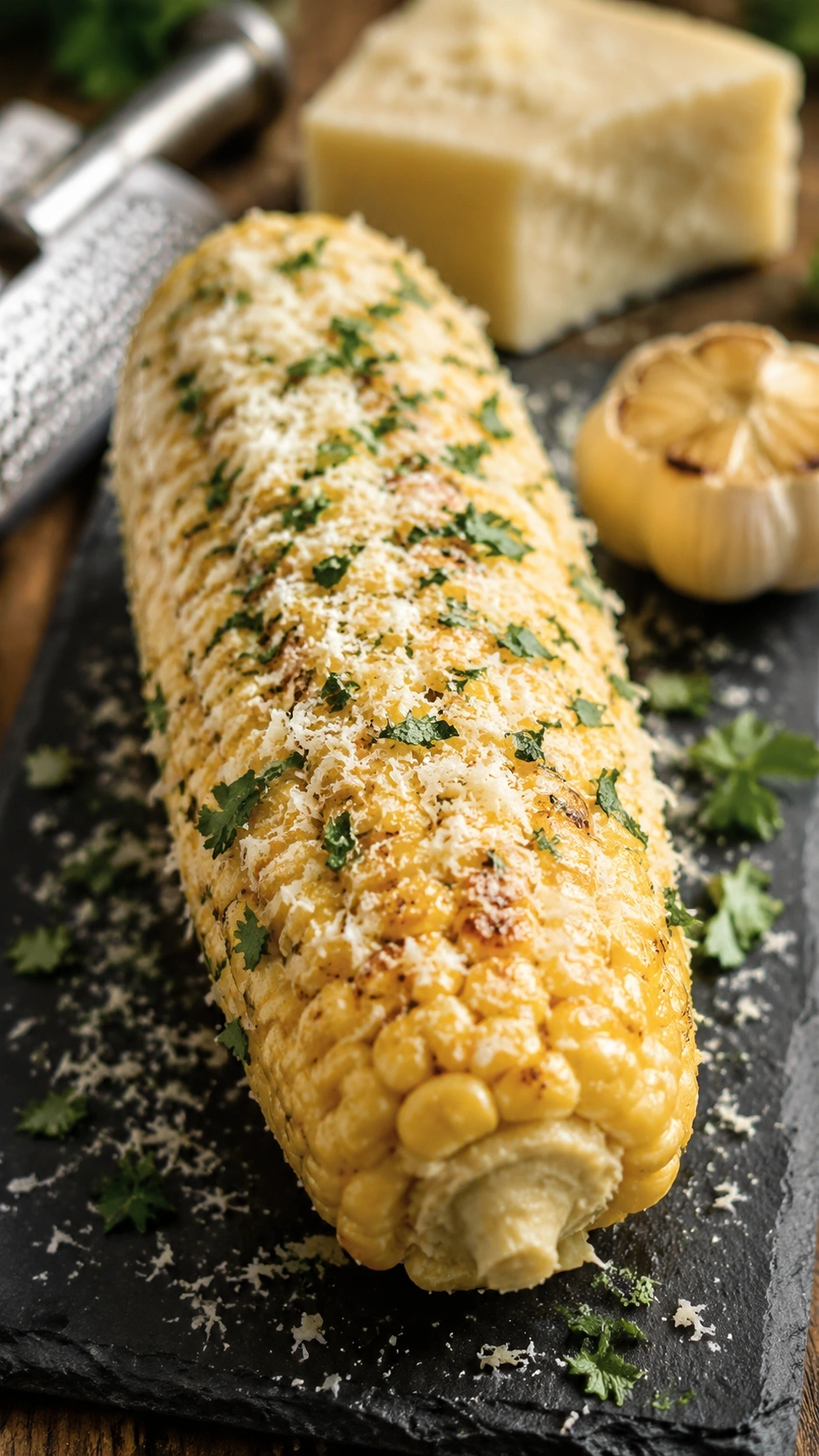 Roasted garlic parmesan street corn on the cob, glistening with butter, grated cheese, and parsley on a dark slate board.