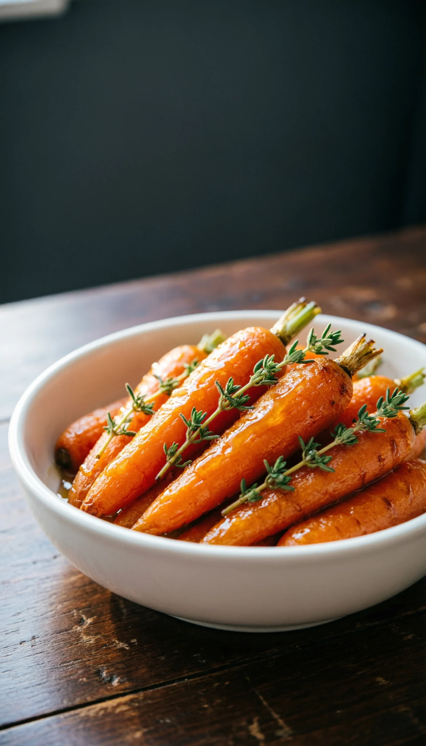 Roasted whole carrots with a shiny hot honey glaze and fresh thyme garnish in a white ceramic serving bowl.