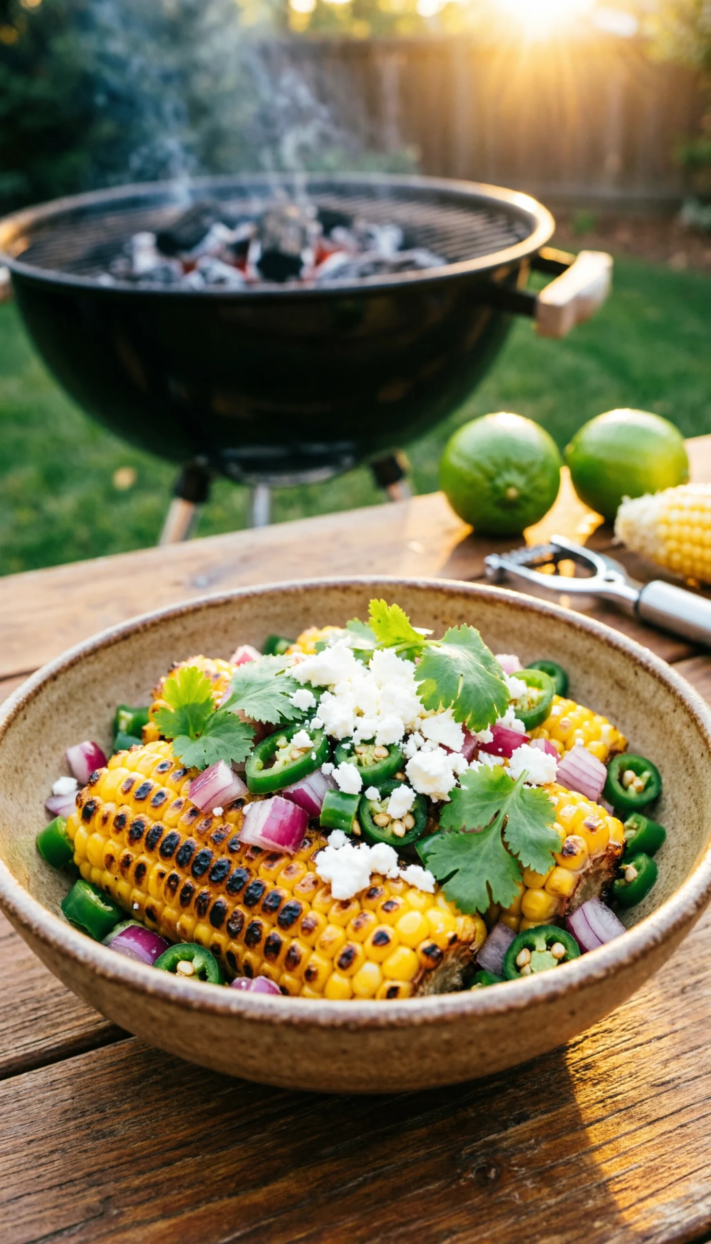 Rustic bowl of vibrant charred corn salad with red onions, jalapeños, cilantro, and cotija cheese on a wooden table near a grill.