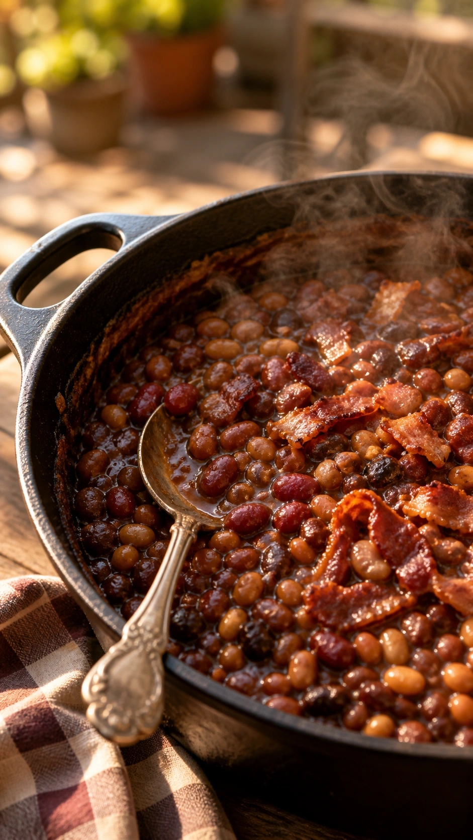 Rustic six bean baked beans in a cast iron pot with thick molasses sauce and crispy bacon on a wooden table.