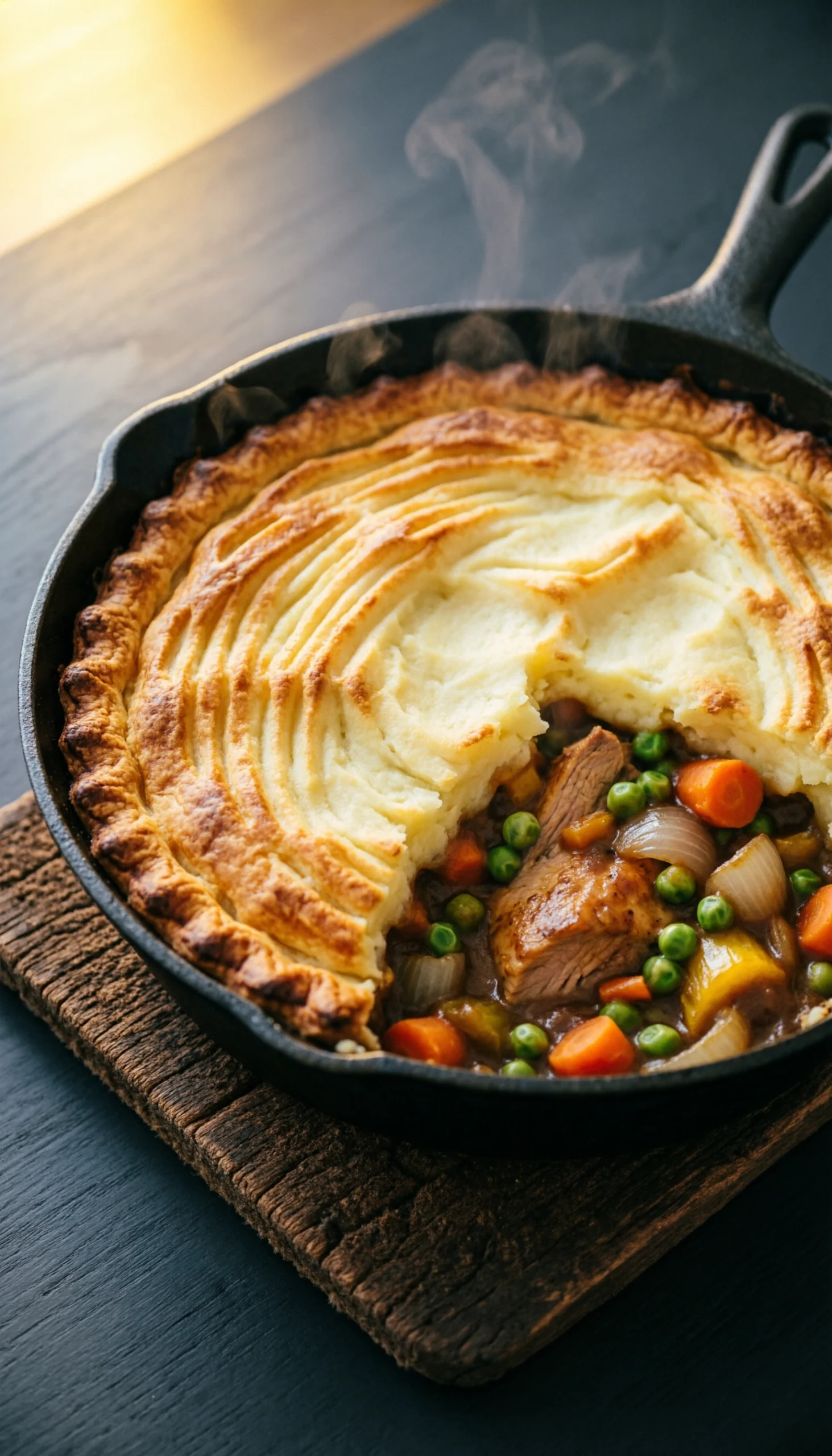 Rustic turkey shepherd’s pie in a cast iron skillet with a golden-brown mashed potato topping and savory filling.