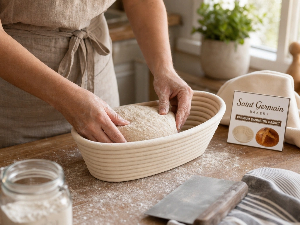 Hands shaping sourdough dough on a wooden counter beside a floured Saint Germain banneton basket and a jar of active sourdough starter