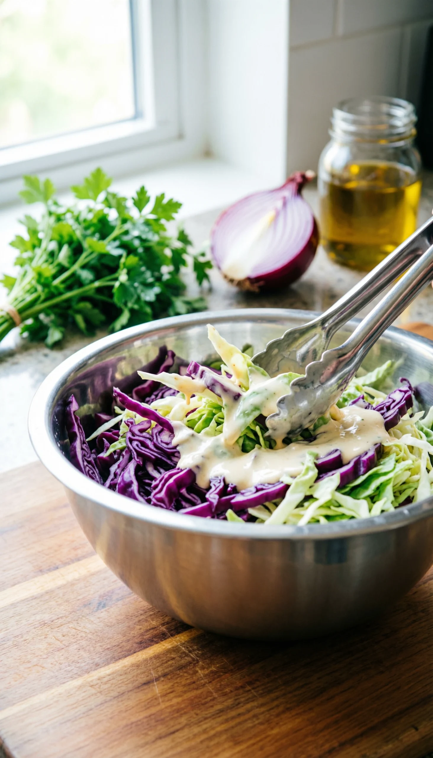 Salad tongs toss creamy dressing into vibrant purple and green shredded cabbage in a stainless steel mixing bowl on a butcher block.