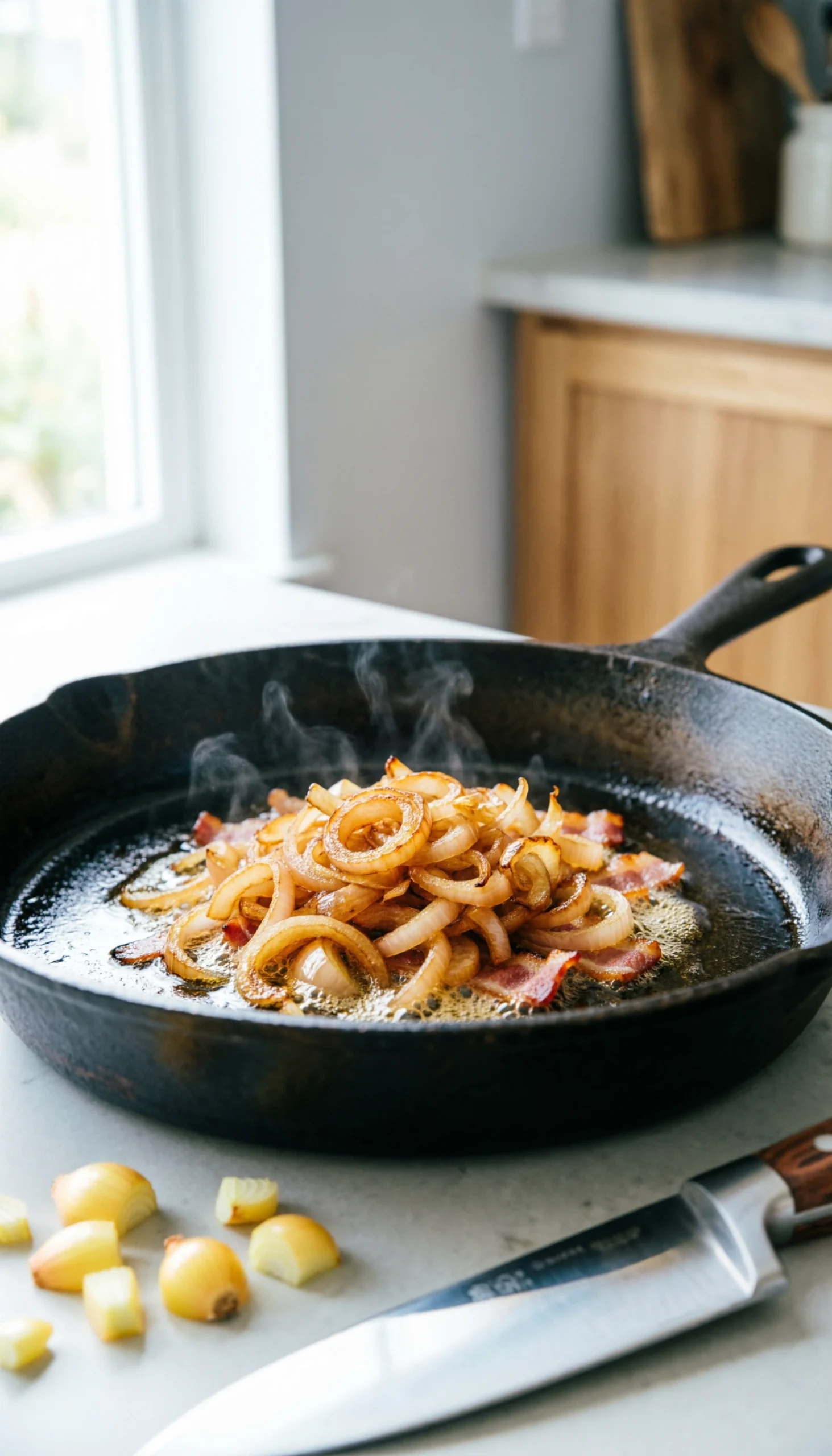 Sautéed diced yellow onions sizzling in bacon fat inside a dark skillet, captured in a bright kitchen setting.