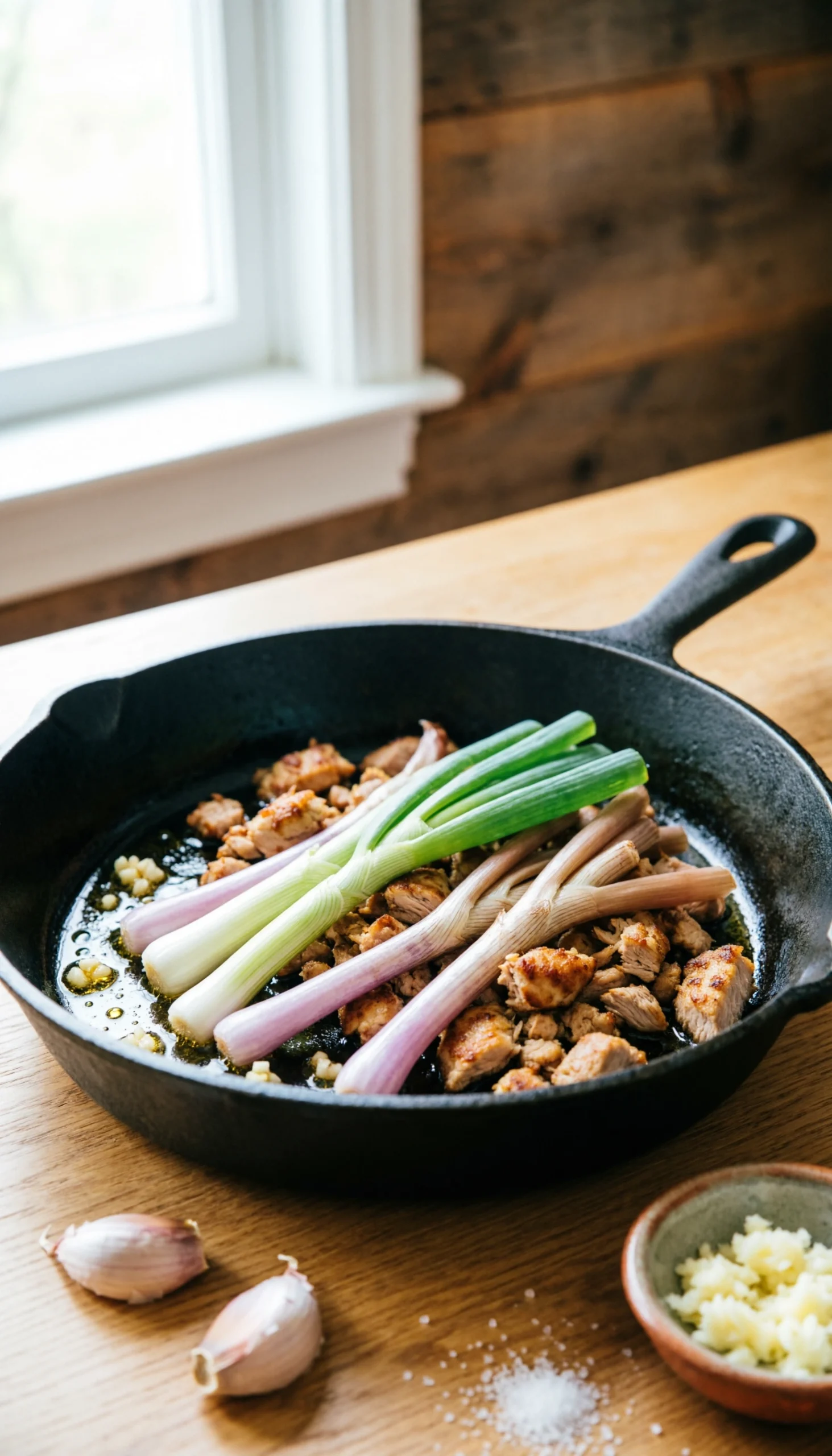 Sautéed leeks and shallots mixed with browned ground turkey and minced garlic in a professional cooking pan.