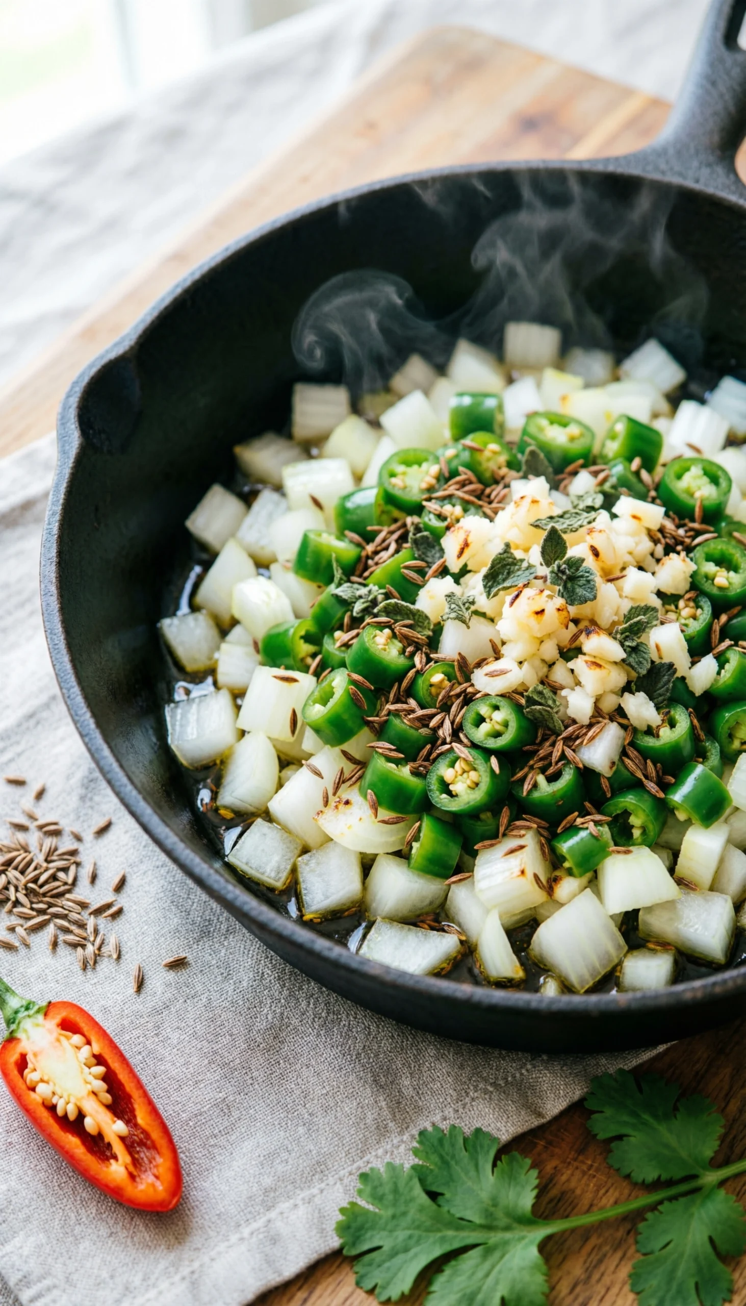 Sautéing diced onions, garlic, and green chilies with spices in a cast iron pot for a fresh white bean turkey chili.