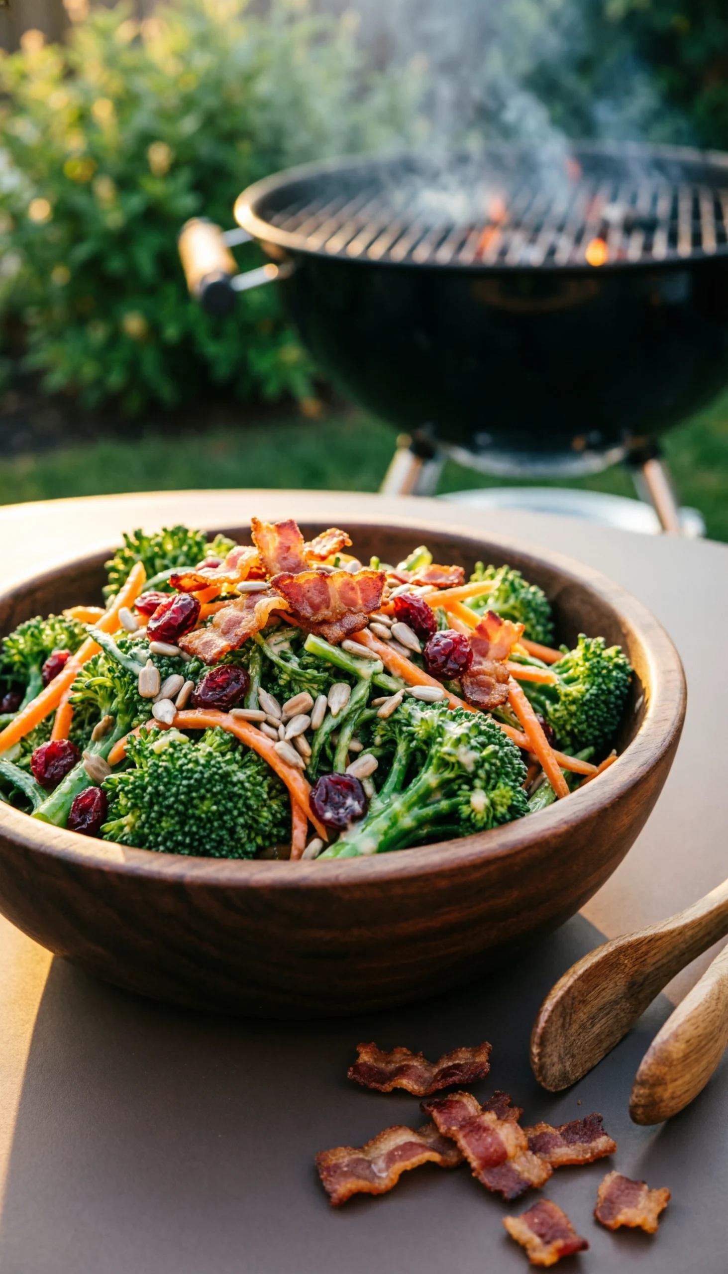 Savory broccoli slaw with crispy bacon, cranberries, and sunflower seeds in a dark wooden bowl for a BBQ.