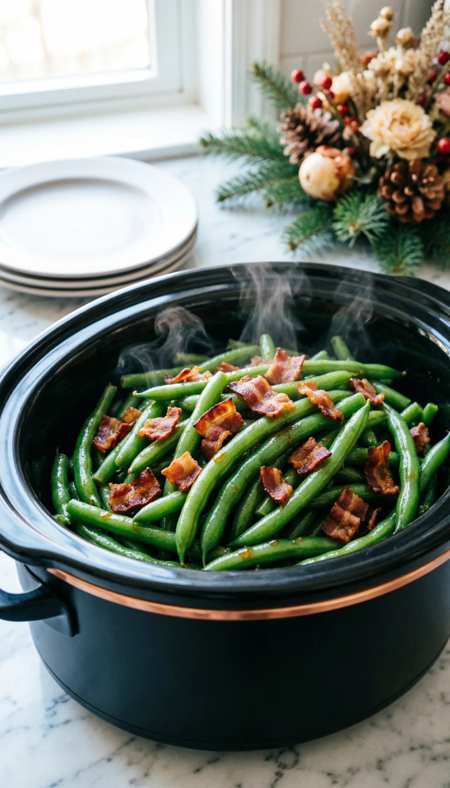 Savory glazed green beans with bacon in a modern slow cooker on a marble countertop in a bright kitchen.