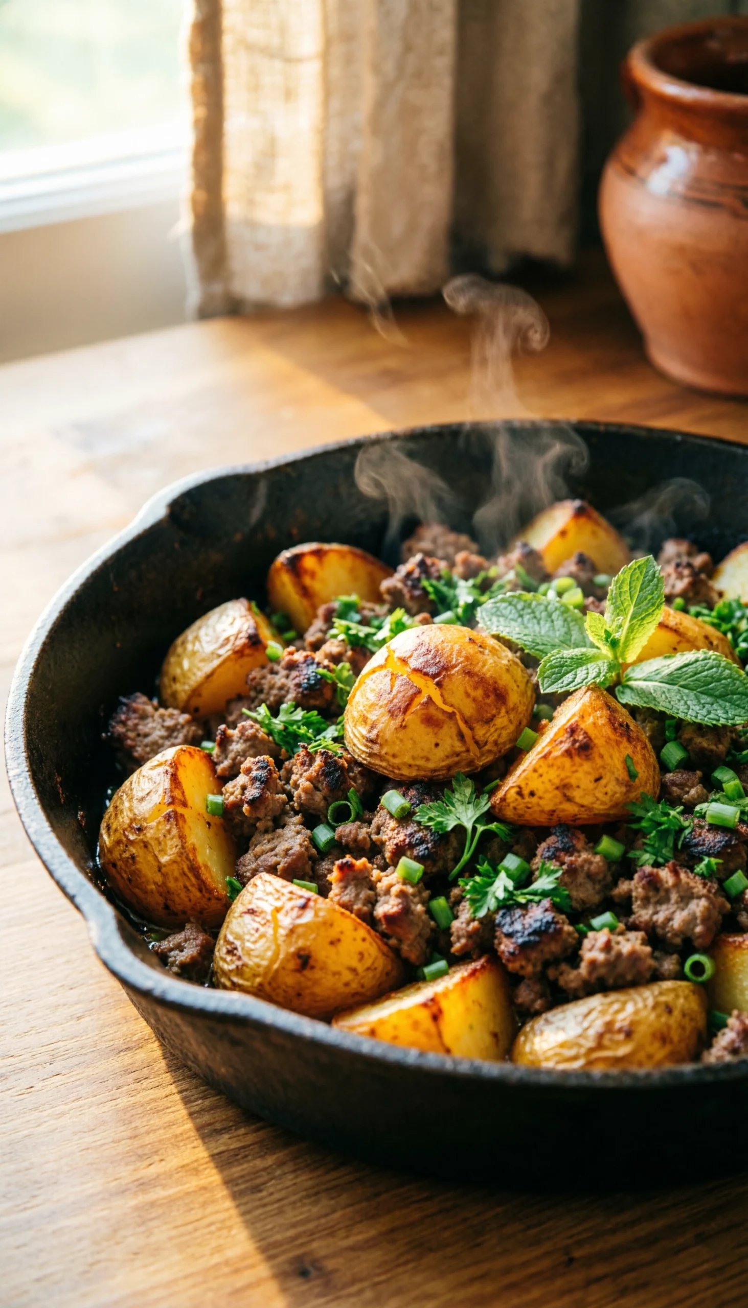 Savory ground turkey and golden Yukon gold potato skillet garnished with fresh herbs in a rustic cast-iron pan.