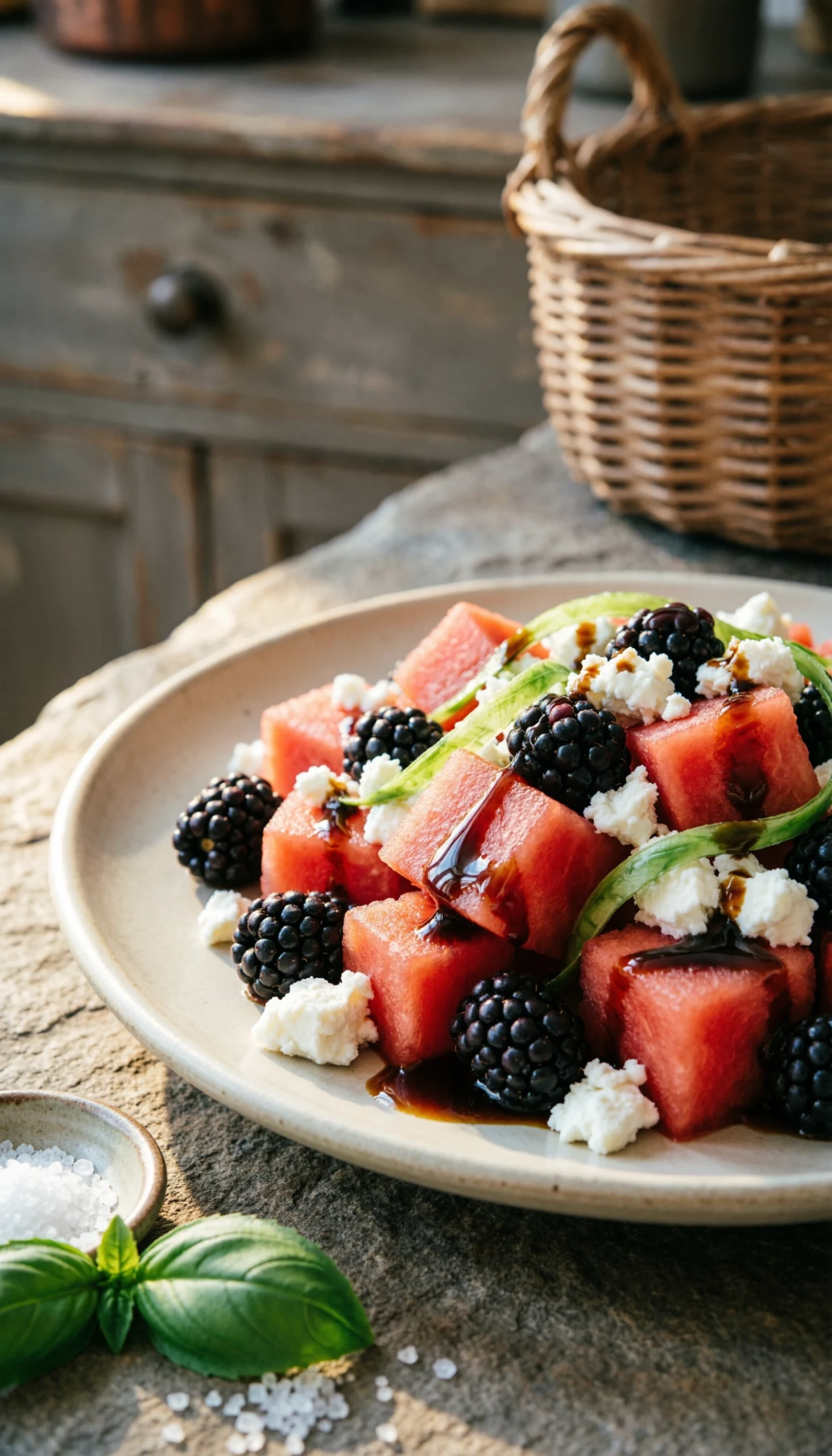 Savory watermelon and feta salad with blackberries, fresh basil, and balsamic glaze on a vintage ceramic plate.
