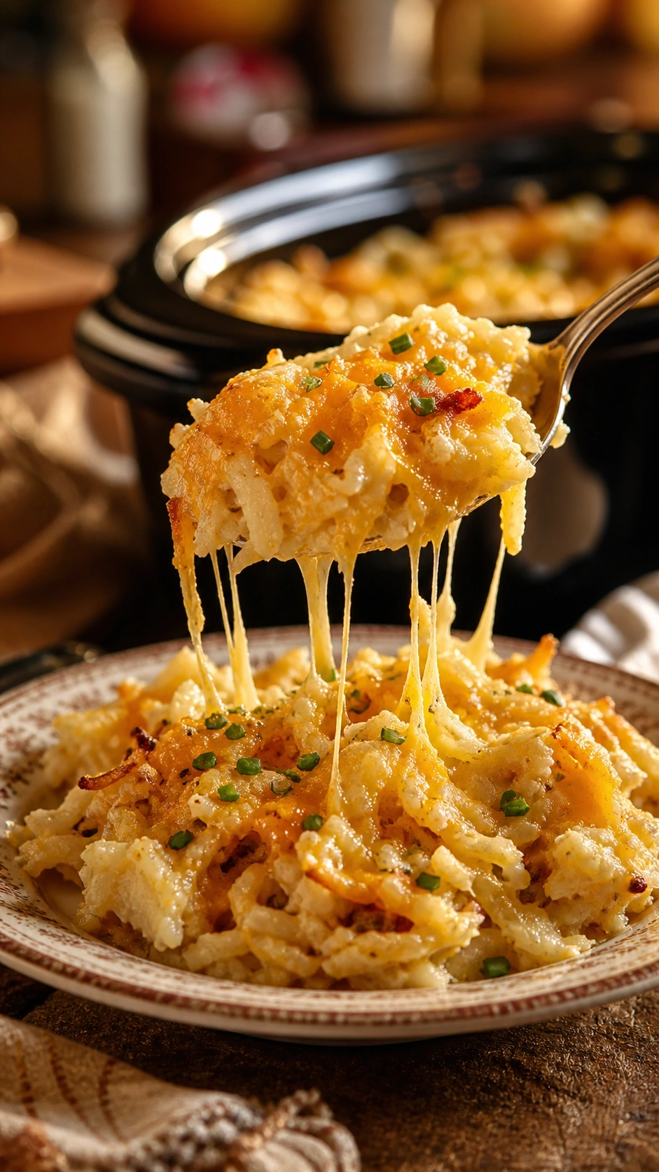 Scoop of creamy crockpot party potatoes with a melted cheddar cheese pull and fresh chives on a vintage plate.