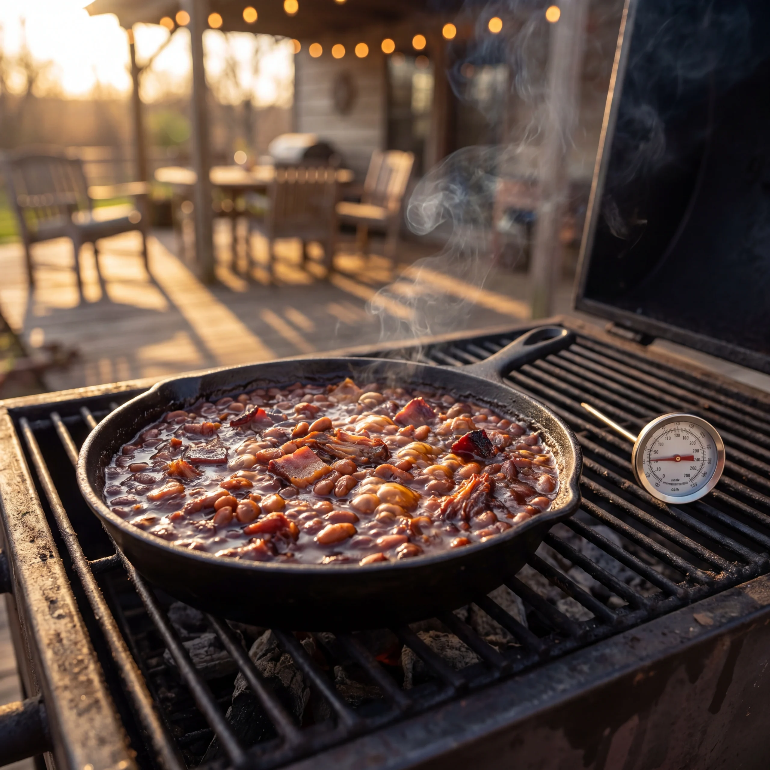 Seasoned cast iron skillet on a premium pellet grill grate, surrounded by smoking hickory wood pellets and a grill tool, in an outdoor kitchen setting.