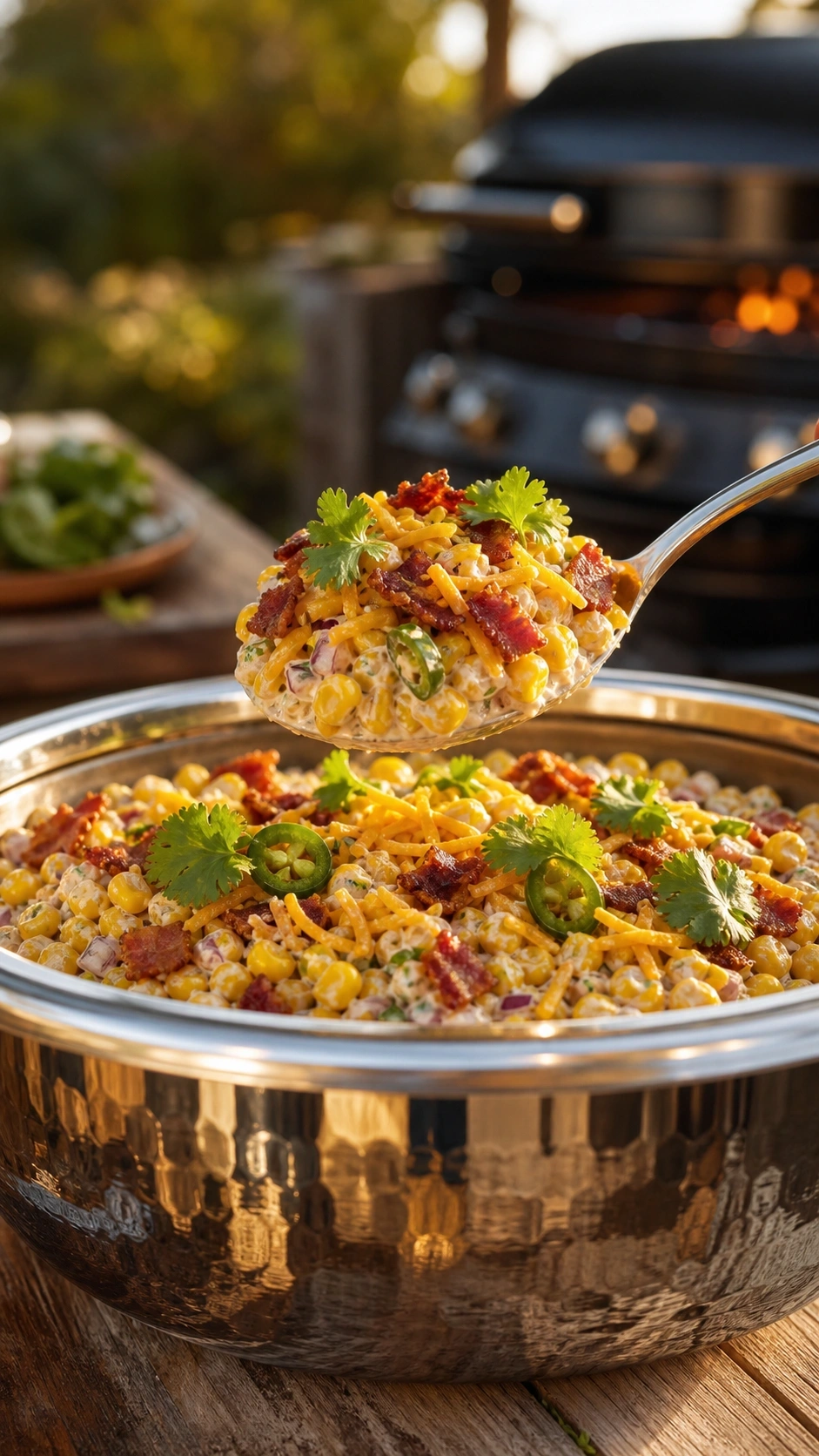 Served crack corn salad in a stainless steel bowl garnished with bacon and cilantro on a rustic outdoor table.