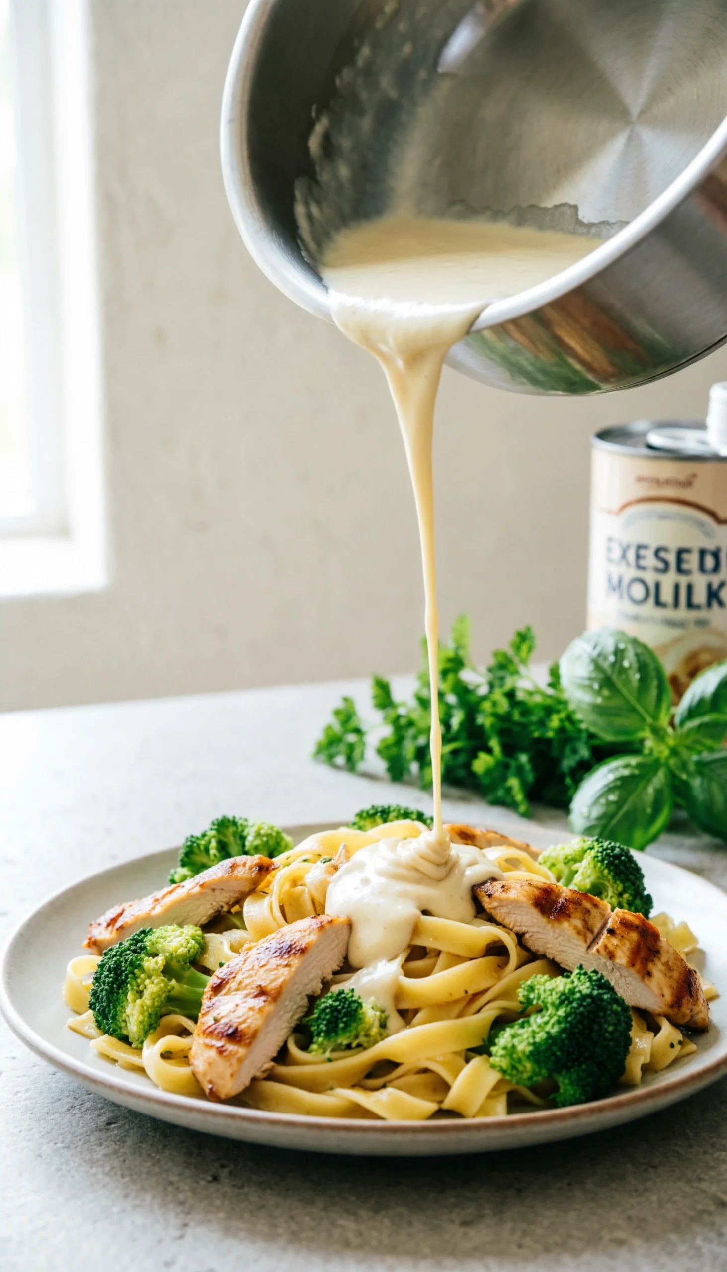 Silky light Alfredo sauce pouring over grilled chicken, bright broccoli florets, and fettuccine pasta in a close-up.