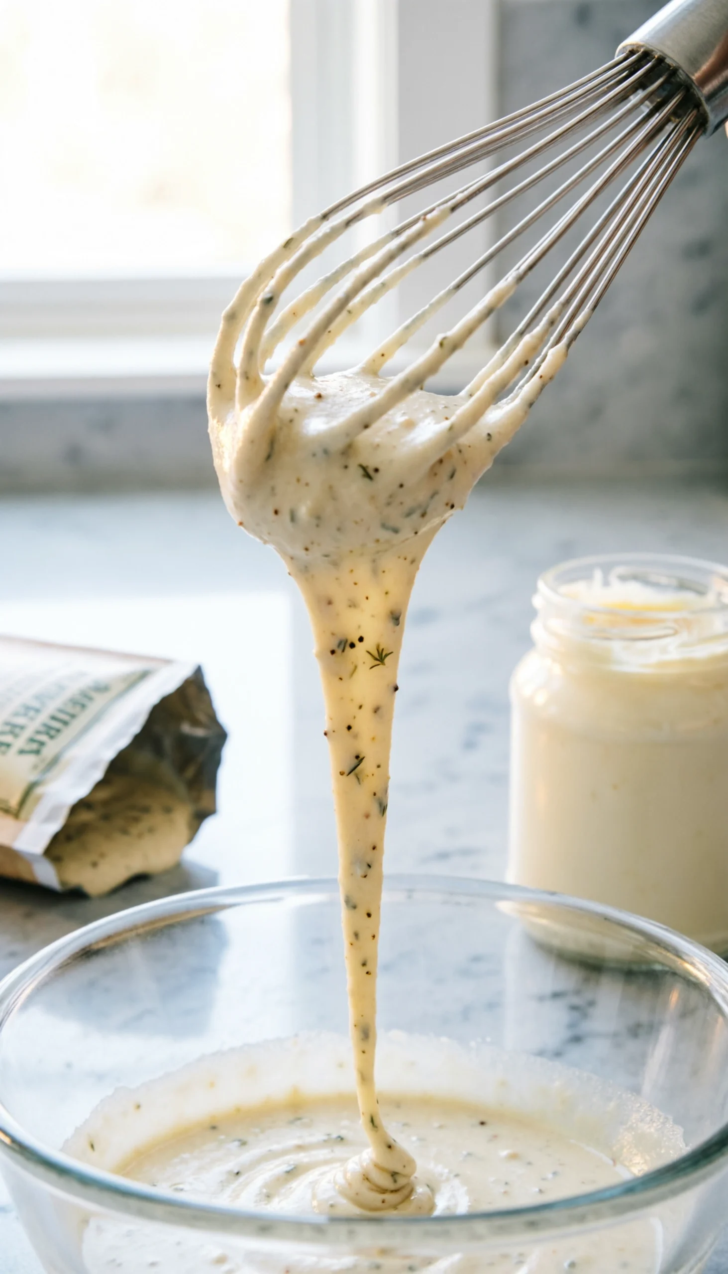 Silky white ranch dressing whisked in a glass mixing bowl with a stainless steel whisk on a marble surface.