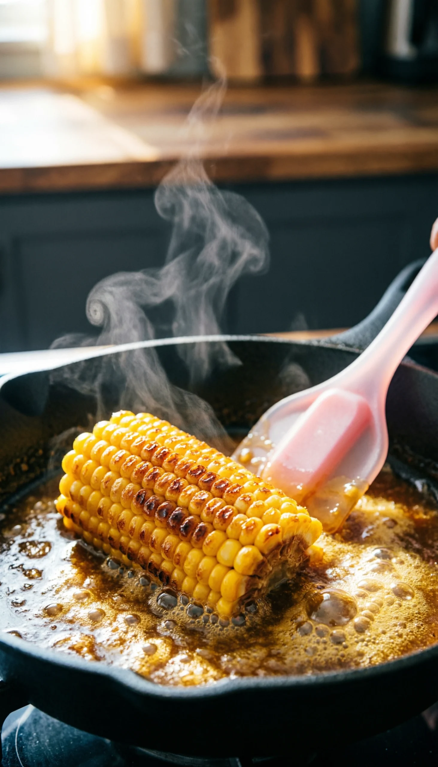 Sizzling golden corn kernels caramelizing in a glossy honey butter glaze inside a professional cooking skillet.
