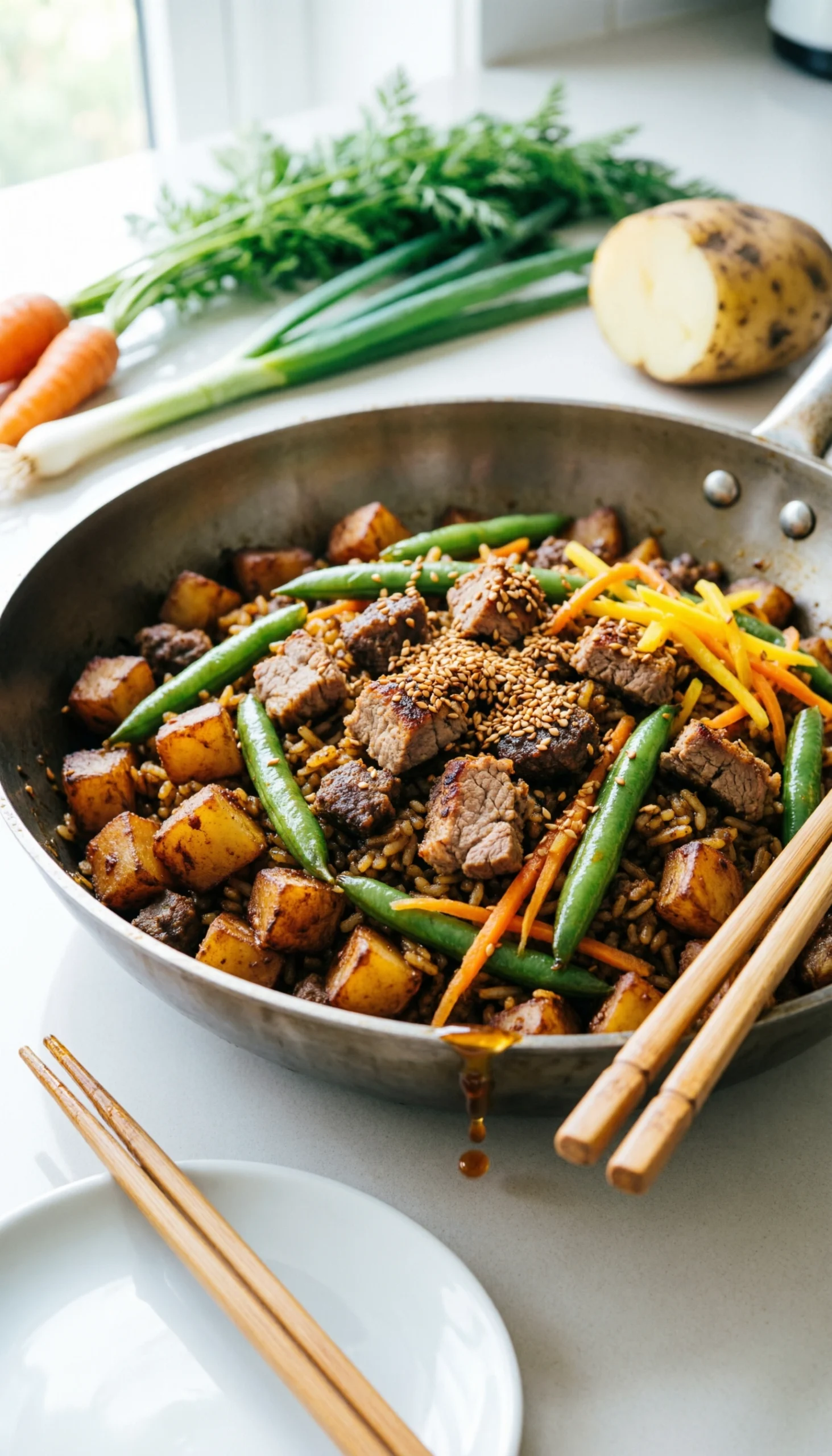 Sizzling ground turkey and diced potato stir fry with green beans and carrots in a glossy soy-glazed carbon steel wok.