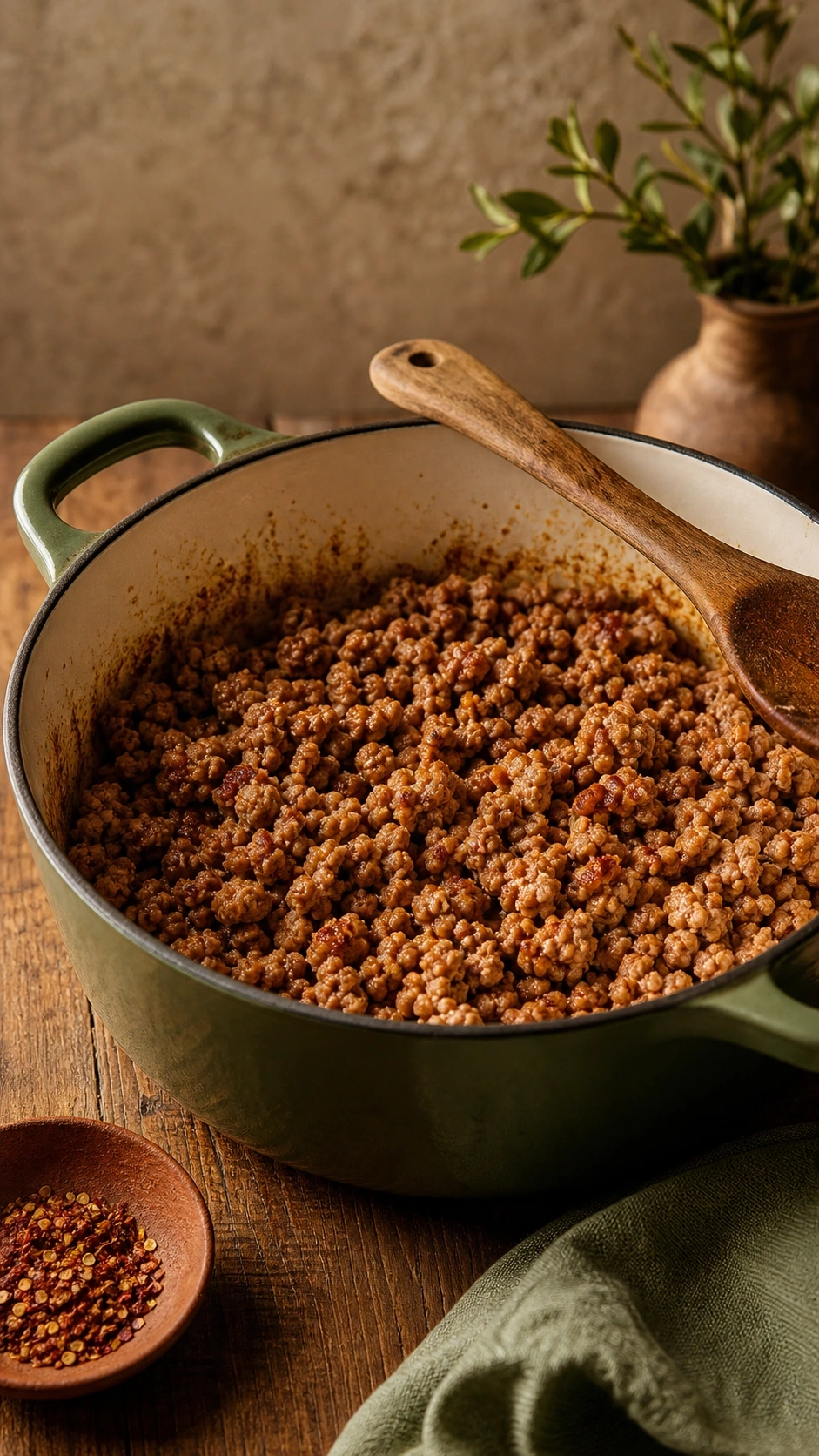 Sizzling ground turkey browning in an enameled cast-iron Dutch oven on a rustic wooden table for homemade white chili.