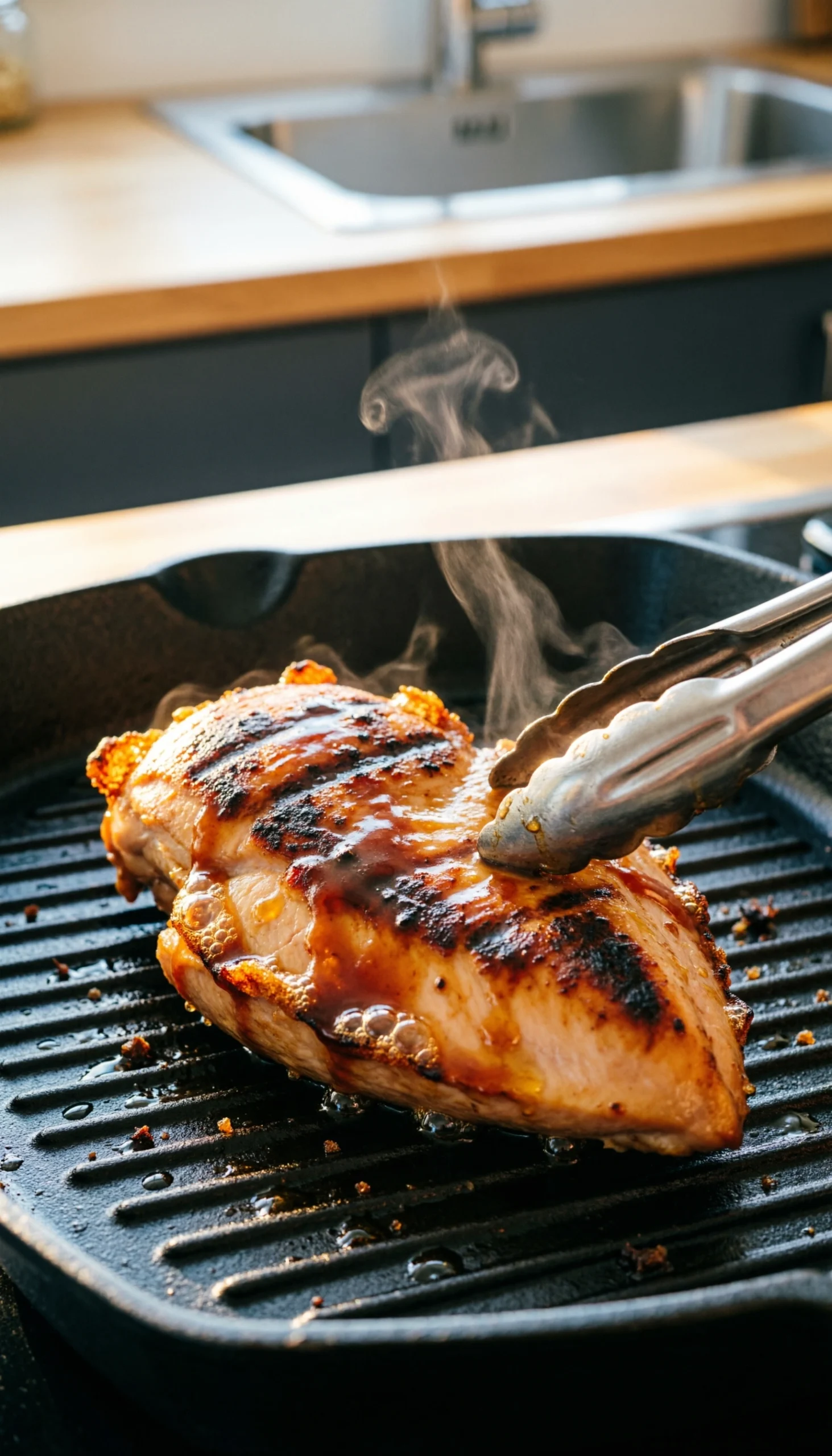 Sizzling marinated chicken thighs with charred grill marks searing on a black cast iron pan in the kitchen.
