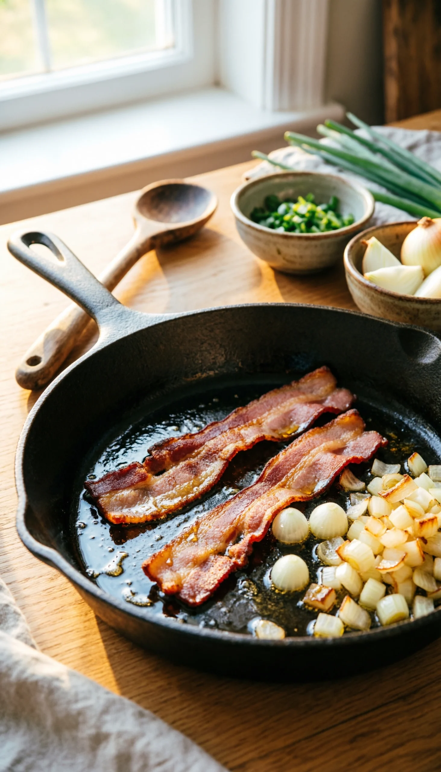 Sizzling thick-cut bacon and diced yellow onions sautéing in a seasoned cast iron skillet with warm rustic lighting.