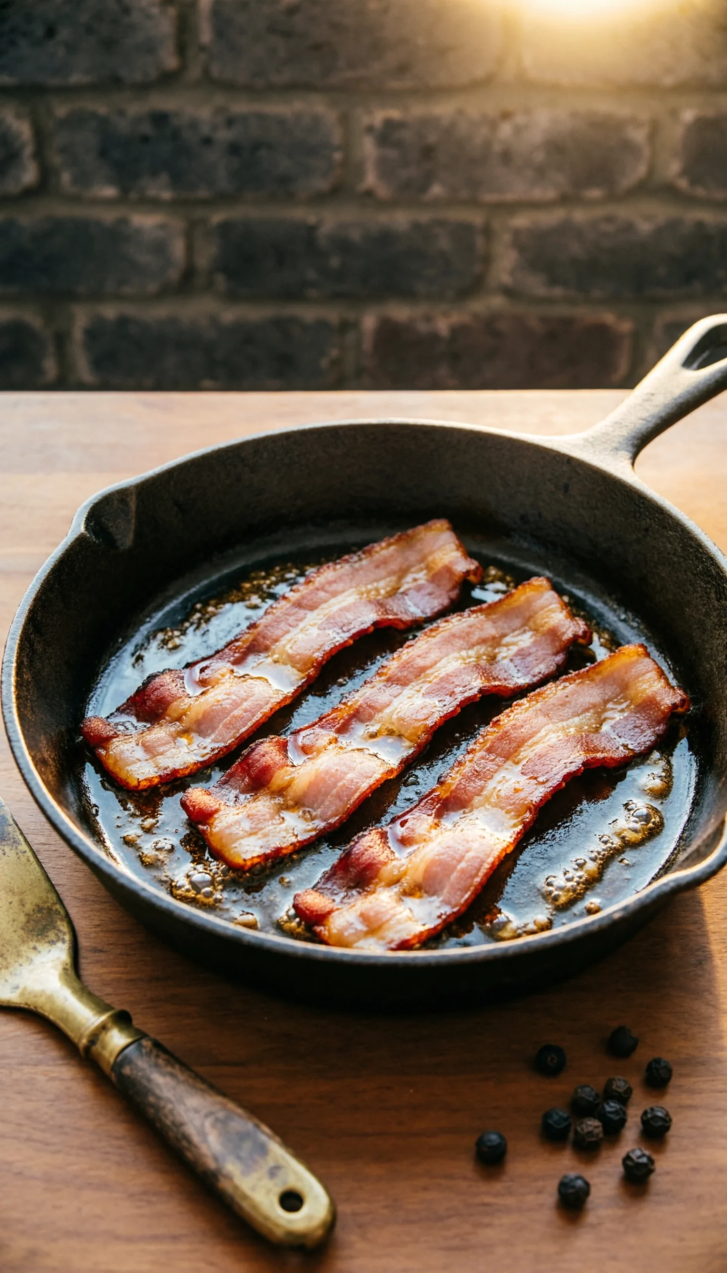 Sizzling thick-cut crispy bacon strips cooking in a heavy cast iron skillet on a rustic wooden surface.