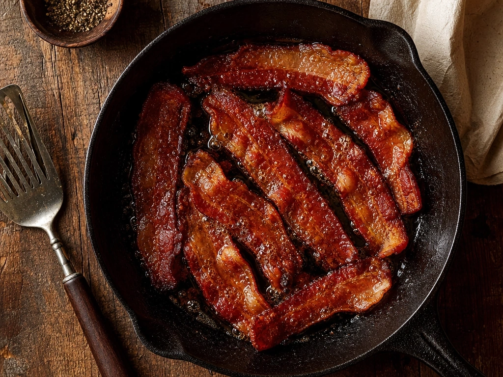 Sizzling thick-cut crispy bacon strips cooking in a rustic cast iron skillet on a vintage wooden kitchen table.