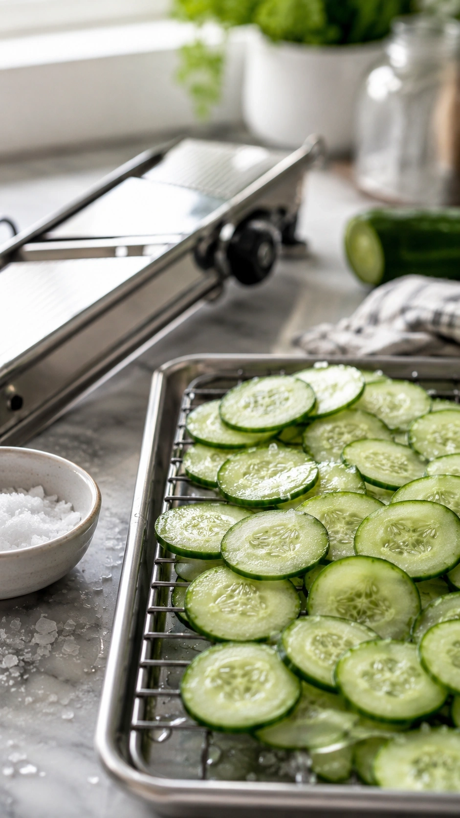 Sliced English cucumbers with sea salt on a wire rack over a marble countertop in a bright kitchen setting.
