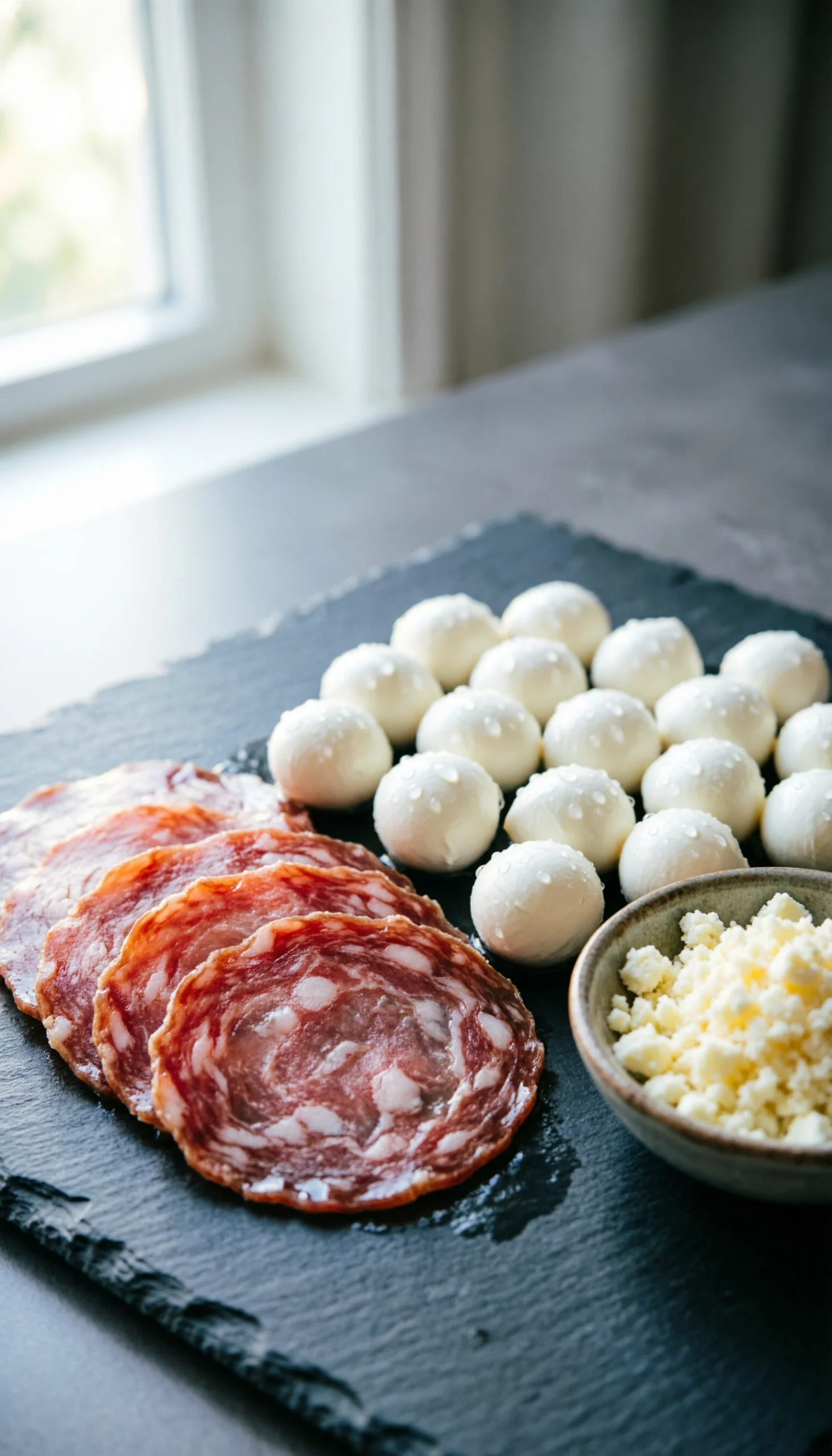 Sliced Genoa salami and fresh mozzarella pearls arranged on a dark slate charcuterie board with crumbled feta cheese.