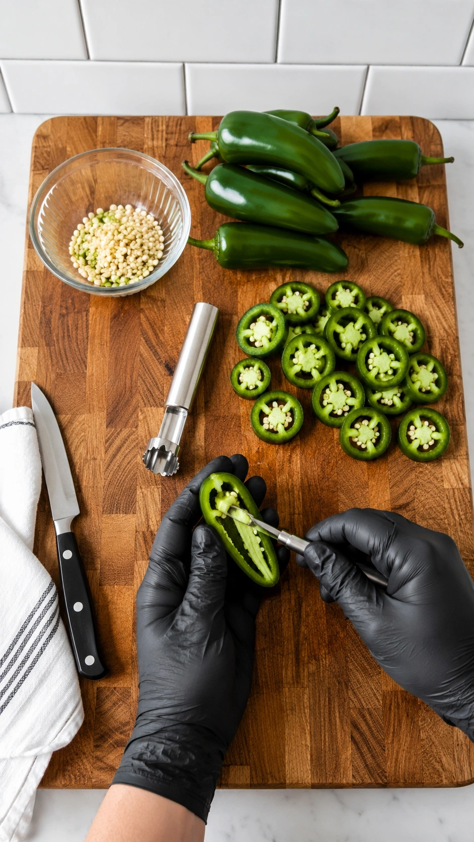 Sliced green jalapenos being prepped with a metal coring tool on a butcher block cutting board with black gloves.