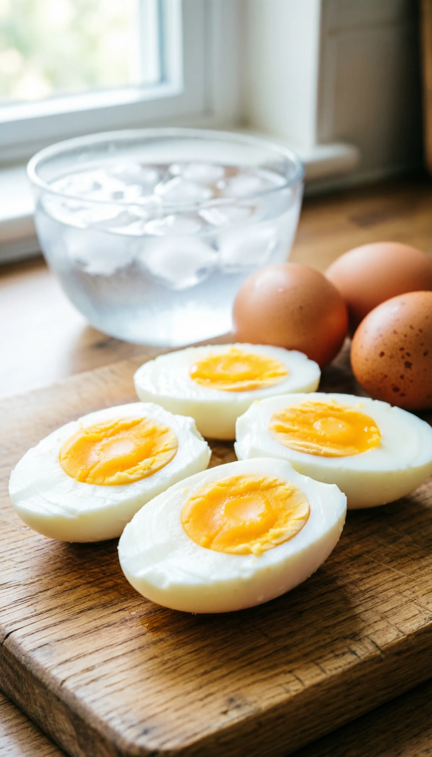 Sliced hard-boiled eggs with bright yellow yolks on a rustic wooden cutting board in a sunlit kitchen setting.