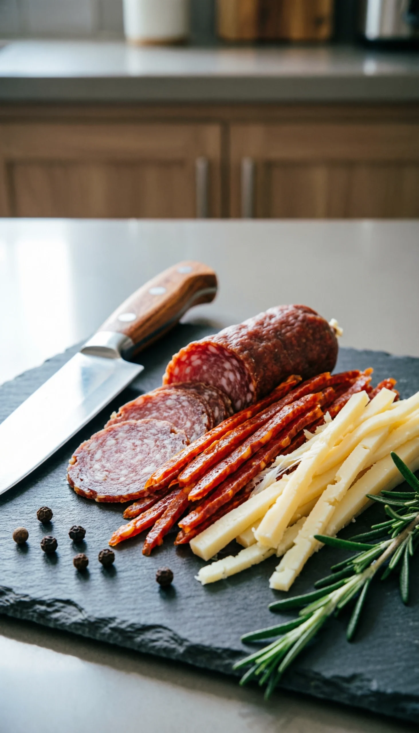 Sliced ribbons of Italian salami, pepperoni, and provolone cheese on a dark slate board with a sprig of rosemary.