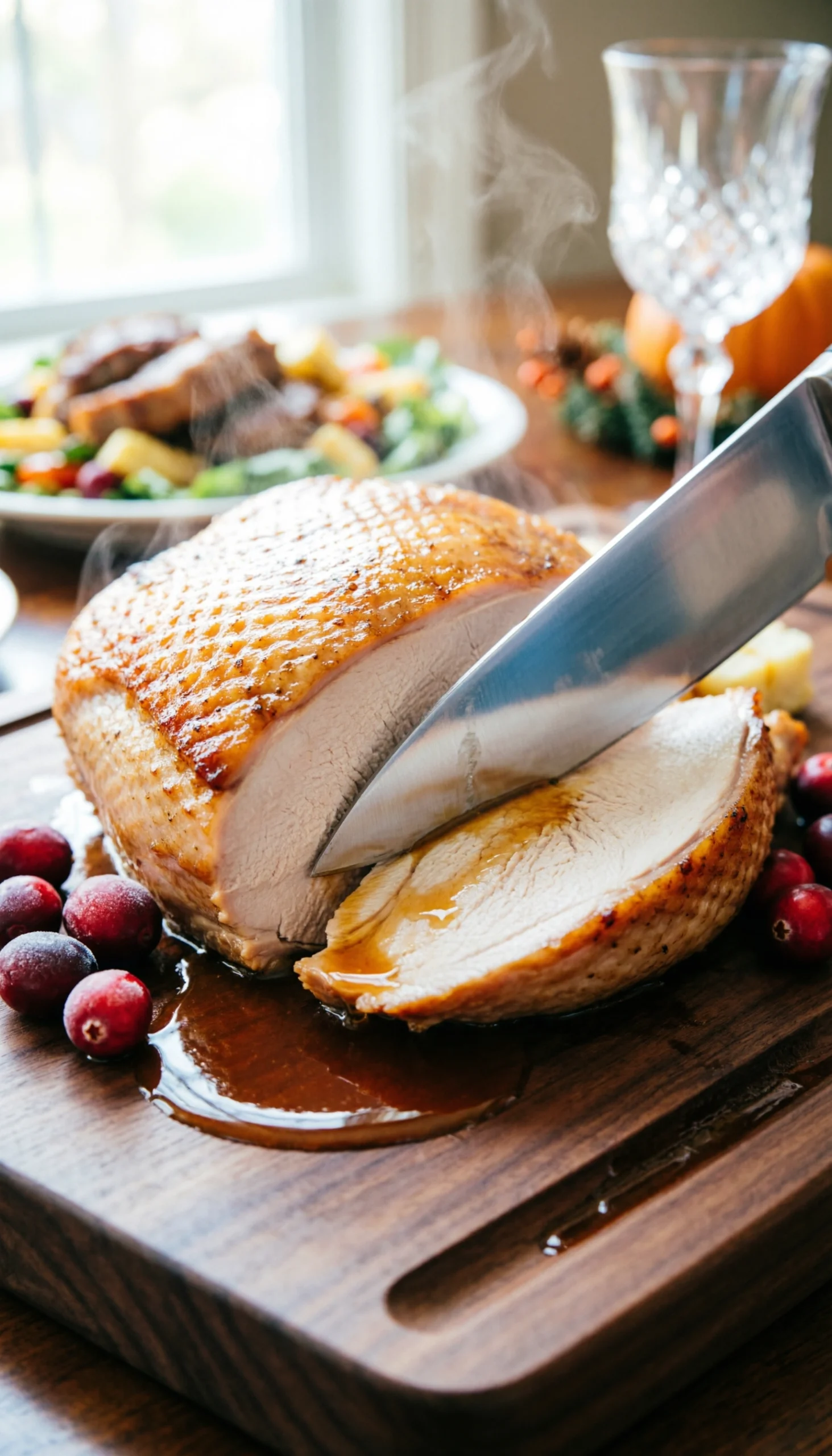 Slicing a juicy roasted turkey breast with a sharp carving knife on a walnut cutting board with cranberry garnishes.