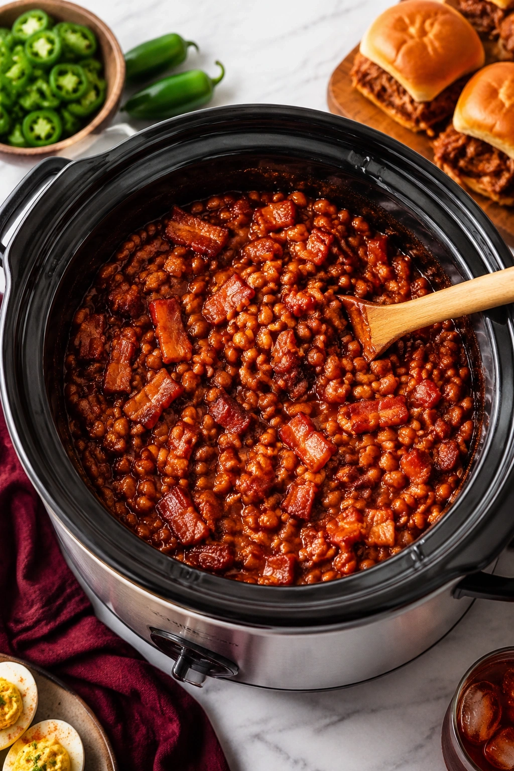 Slow cooker Dr Pepper baked beans with bacon and fresh jalapeños on a marble countertop for a game day side dish.