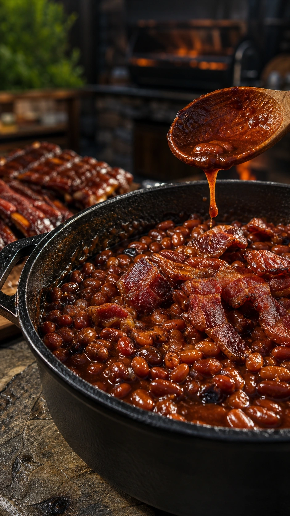 Slow cooker baked beans with crispy bacon and rich molasses sauce in a black cast iron pot next to BBQ grilled ribs.