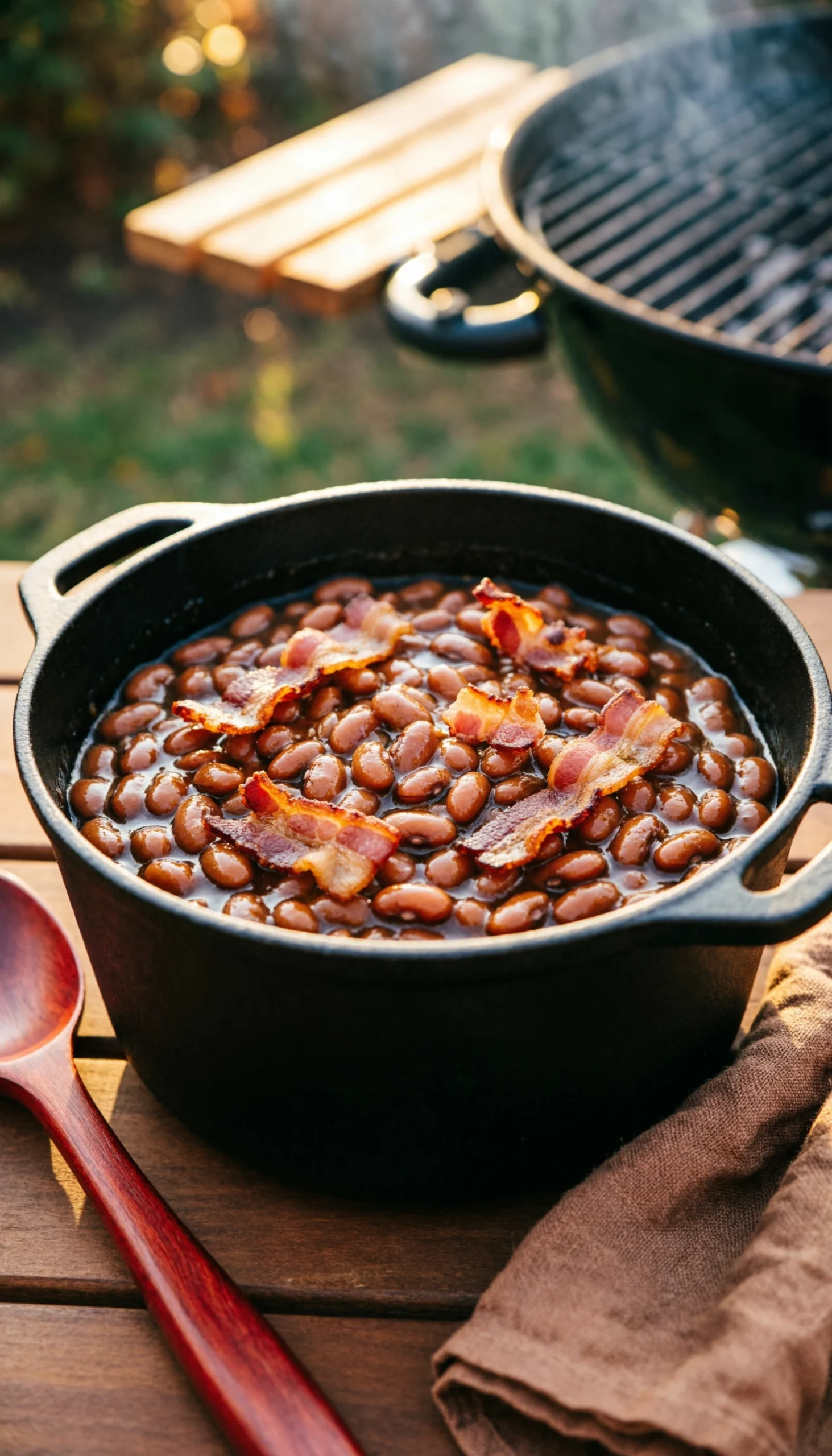 Smoky Southern baked beans topped with crispy bacon in a cast iron Dutch oven on a rustic wooden table setting.
