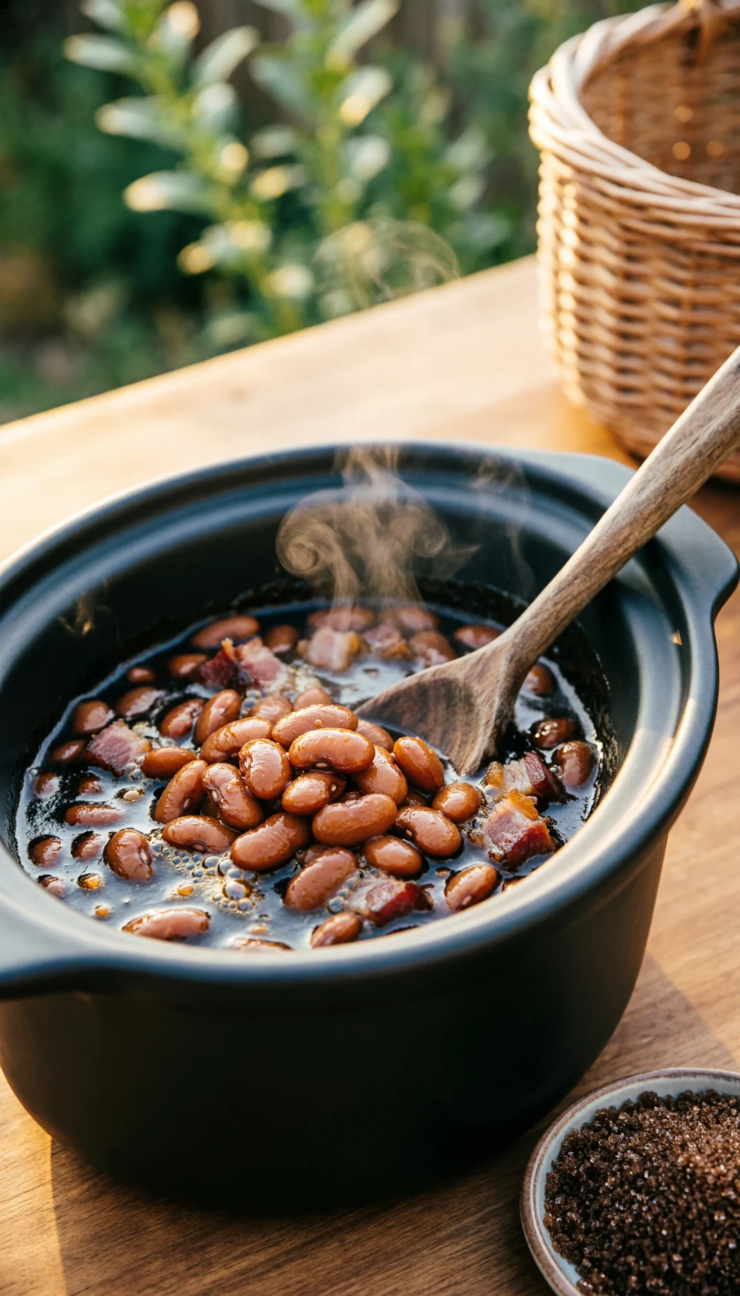 Smoky brown sugar baked beans with rich molasses sauce in a black ceramic slow cooker on a rustic wooden table.