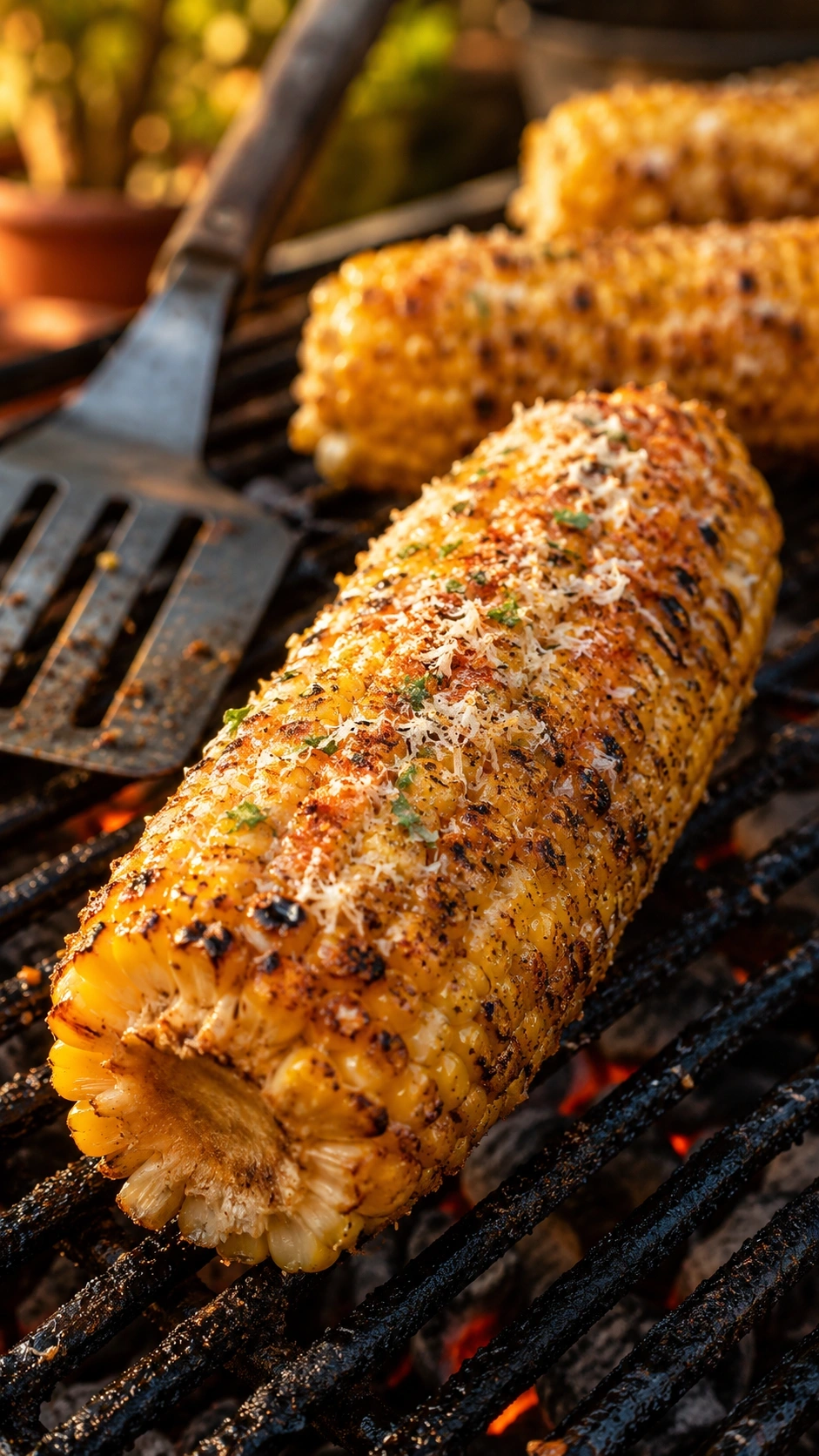 Smoky grilled garlic parmesan corn on the cob with charred kernels, melted butter, and paprika on a grill grate.