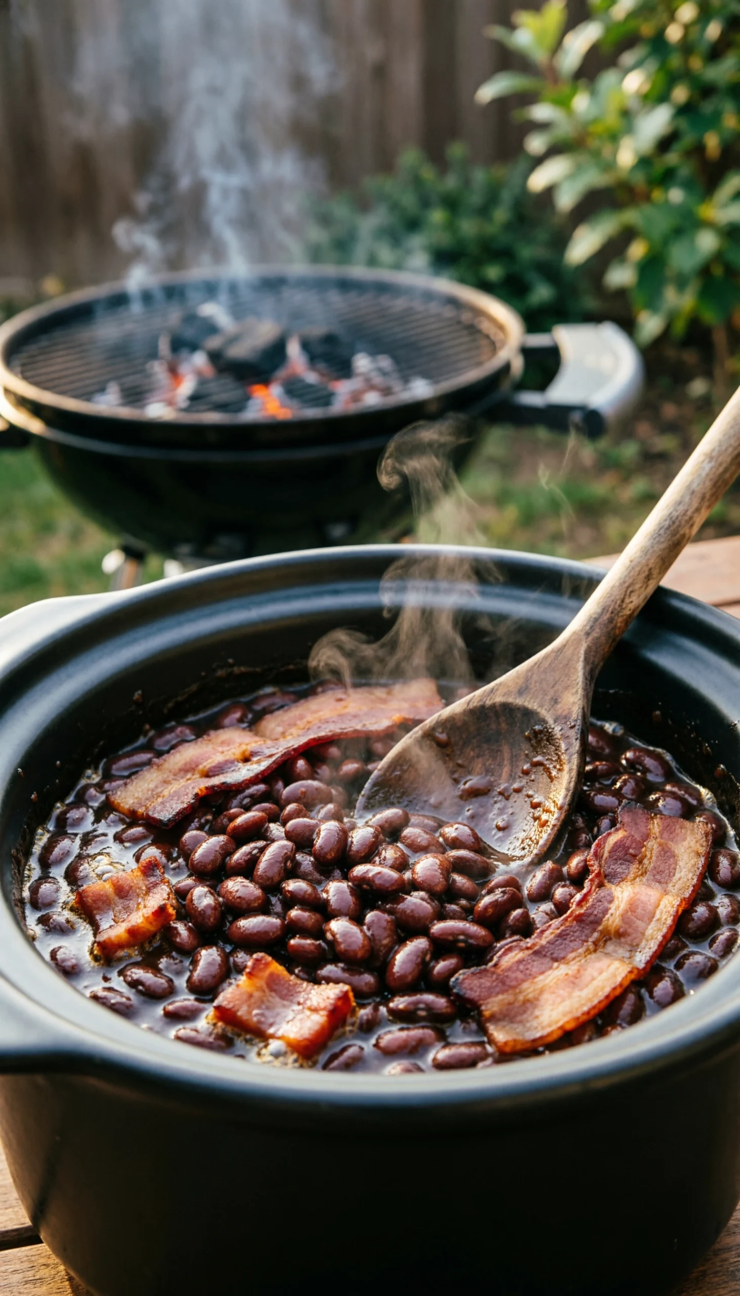 Smoky slow cooker baked beans with thick-cut bacon in a black ceramic pot on a rustic wooden picnic table.