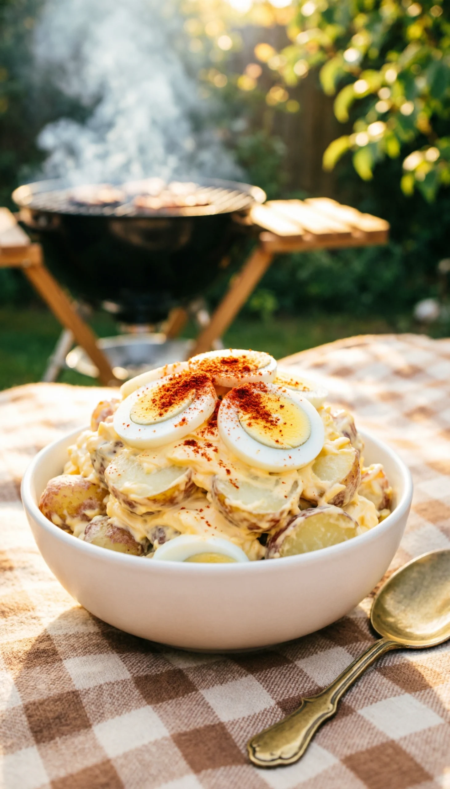Southern potato salad garnished with hard-boiled egg slices and red paprika in a bowl on a rustic wooden picnic table.